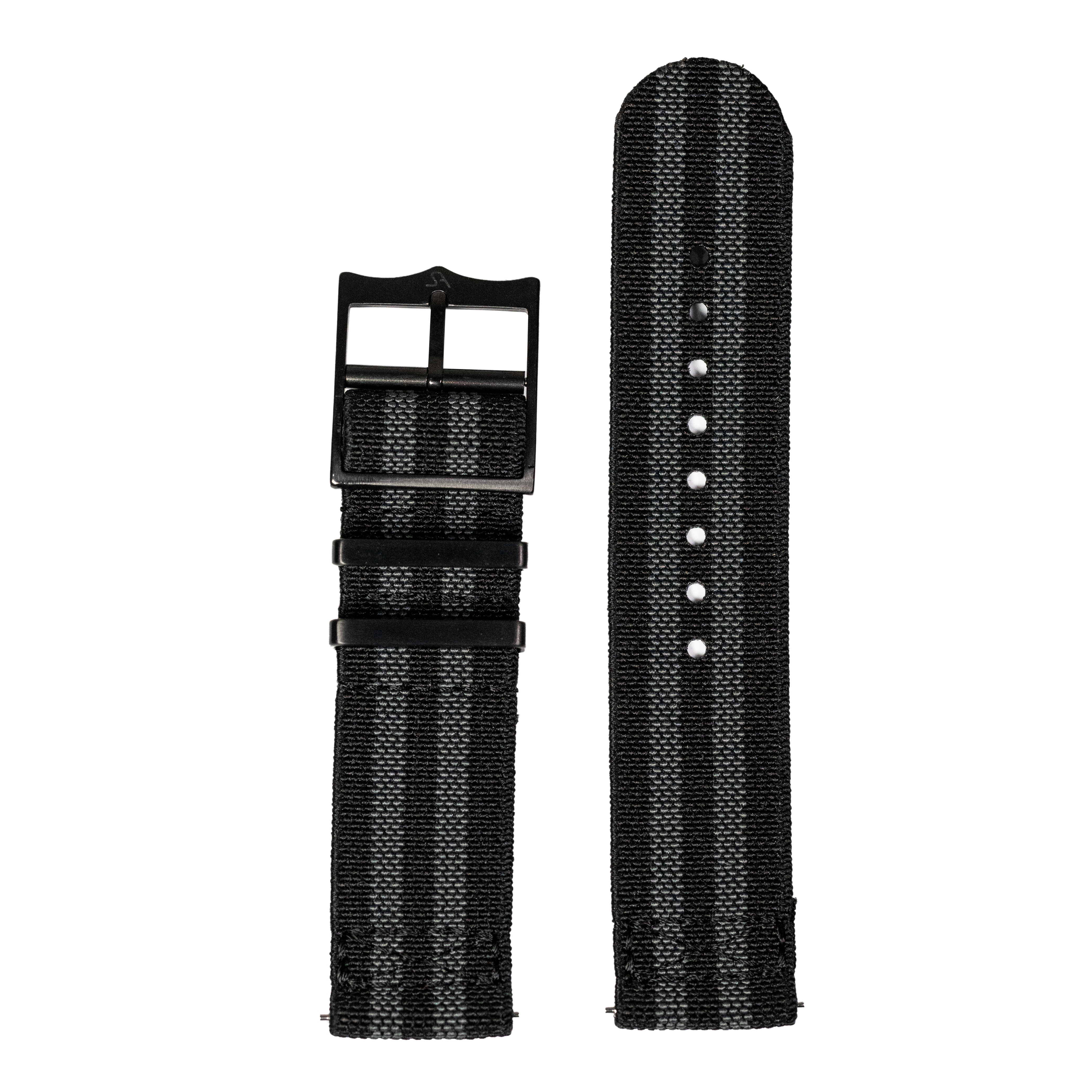 Black fabric watch band with quick-release pins, metal buckle, and adjustment holes displayed flat
