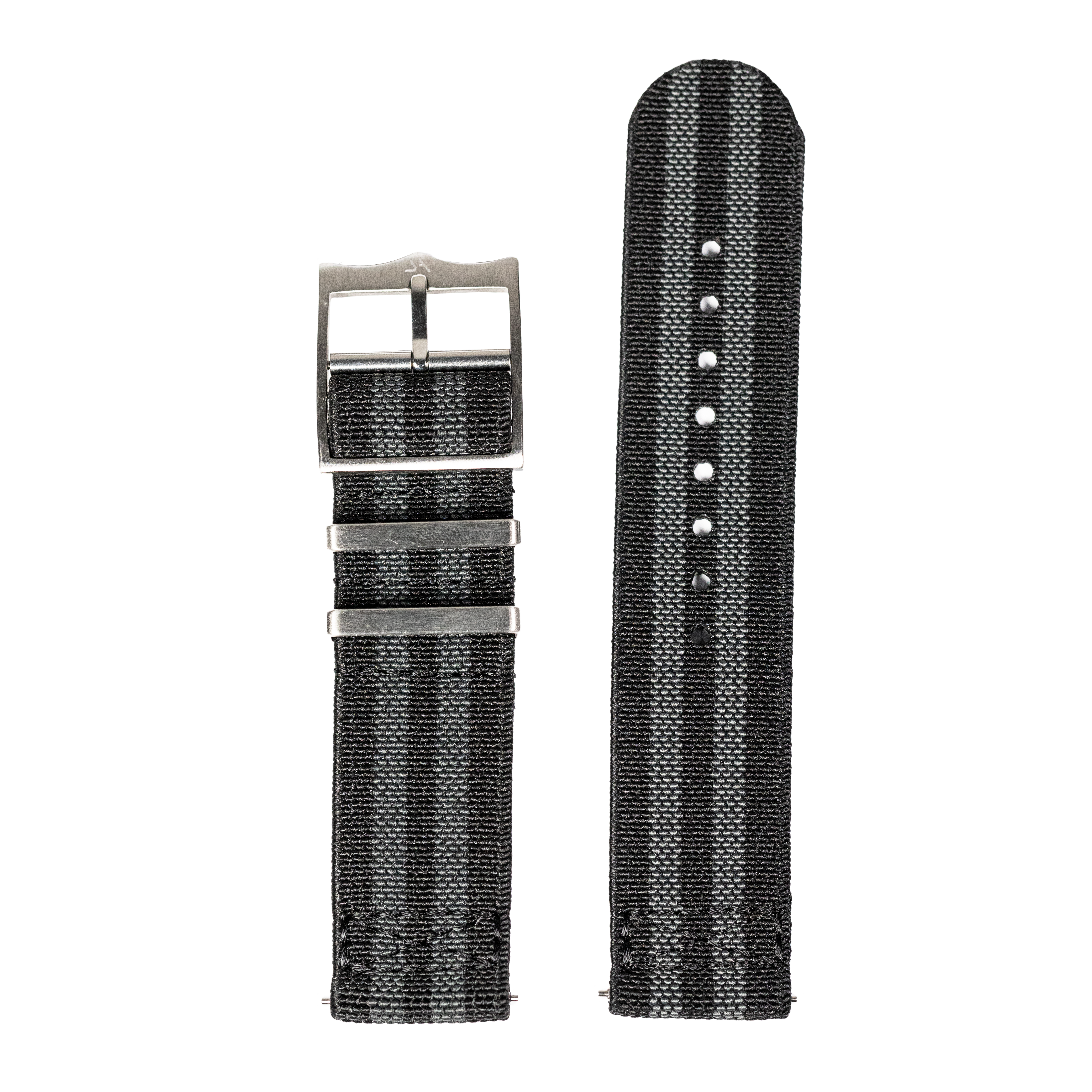 Black fabric watch strap QuickFit ElastoFlex with stainless steel buckle and adjustment holes, 20mm width