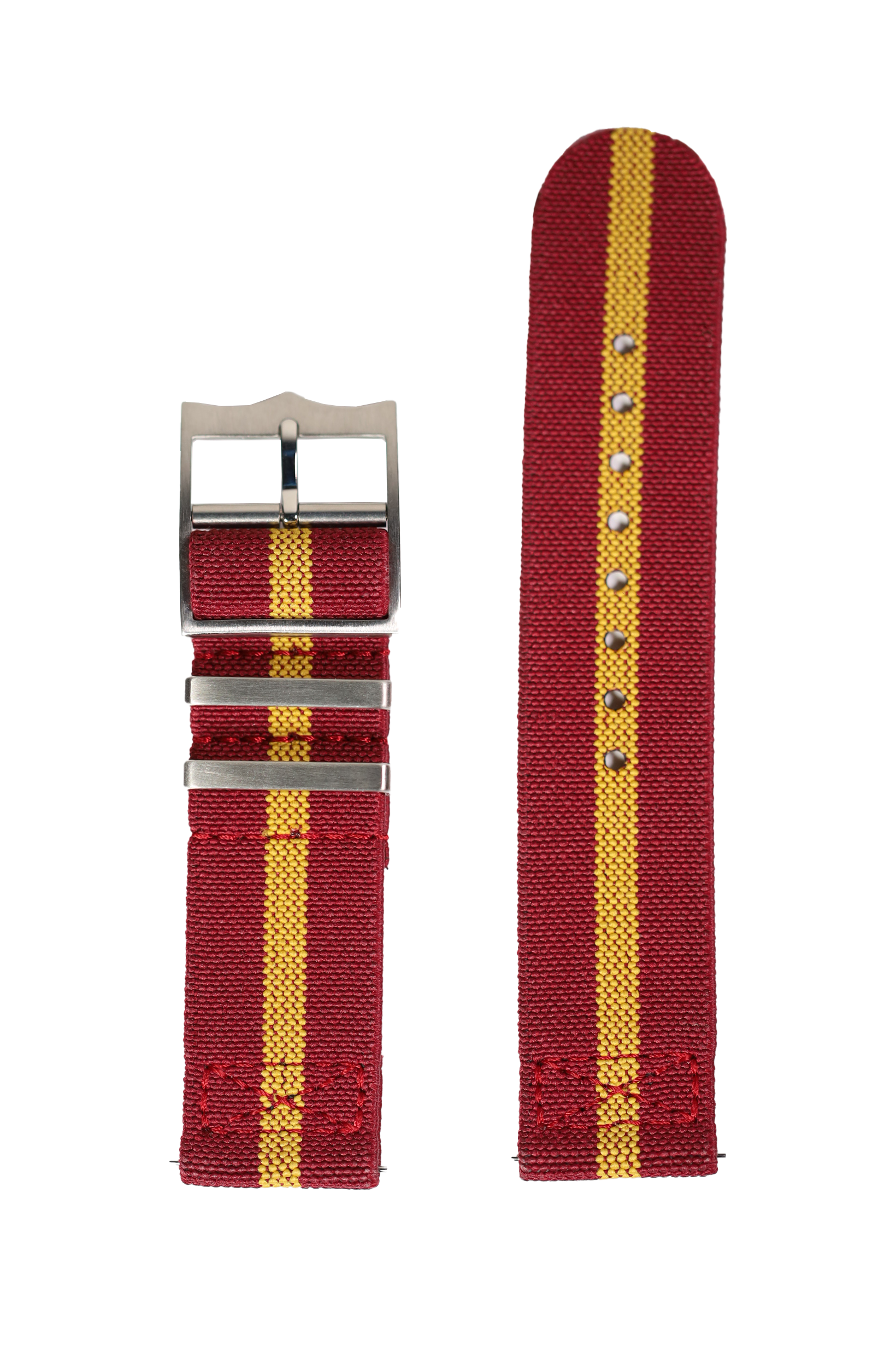 Red and yellow striped elastic fabric watch band with metal buckle and quick-release pins, 22mm