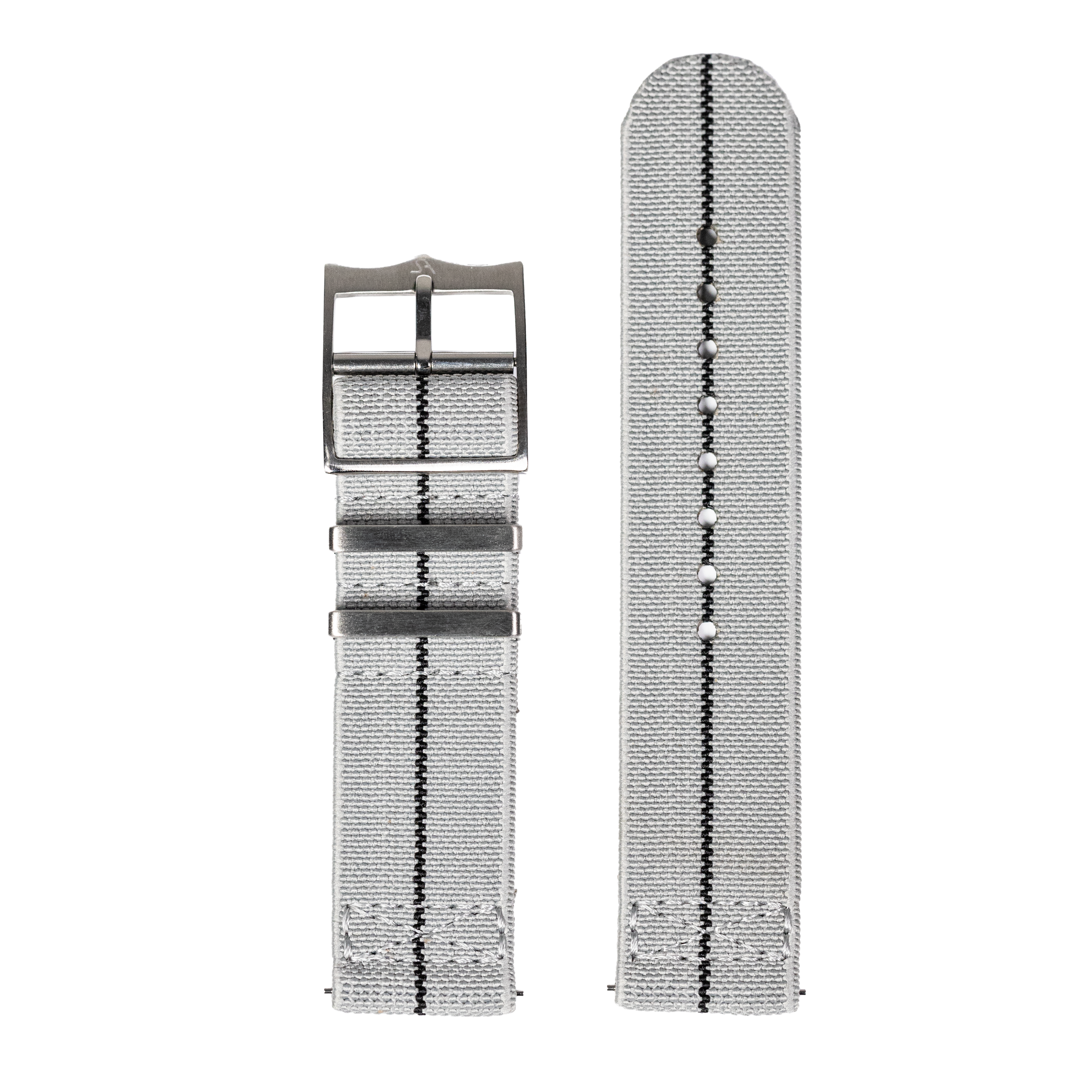 Grey textile watch strap with black center stripe and metal buckle, shown fully extended and coiled