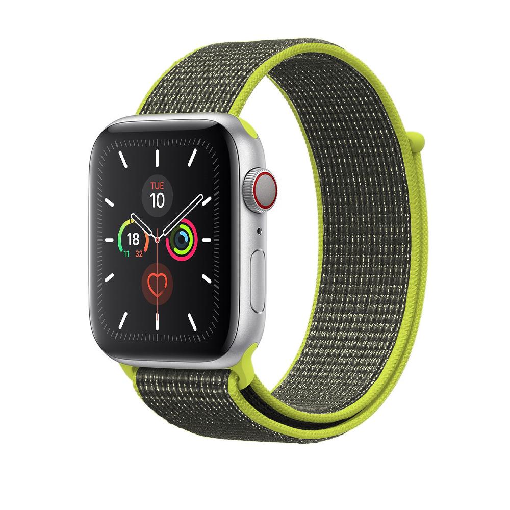 Silver smartwatch with black dial and lime green nylon sports loop velcro band