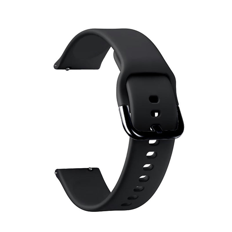 Black silicone quick release watch band with adjustable pin holes and metal buckle clasp