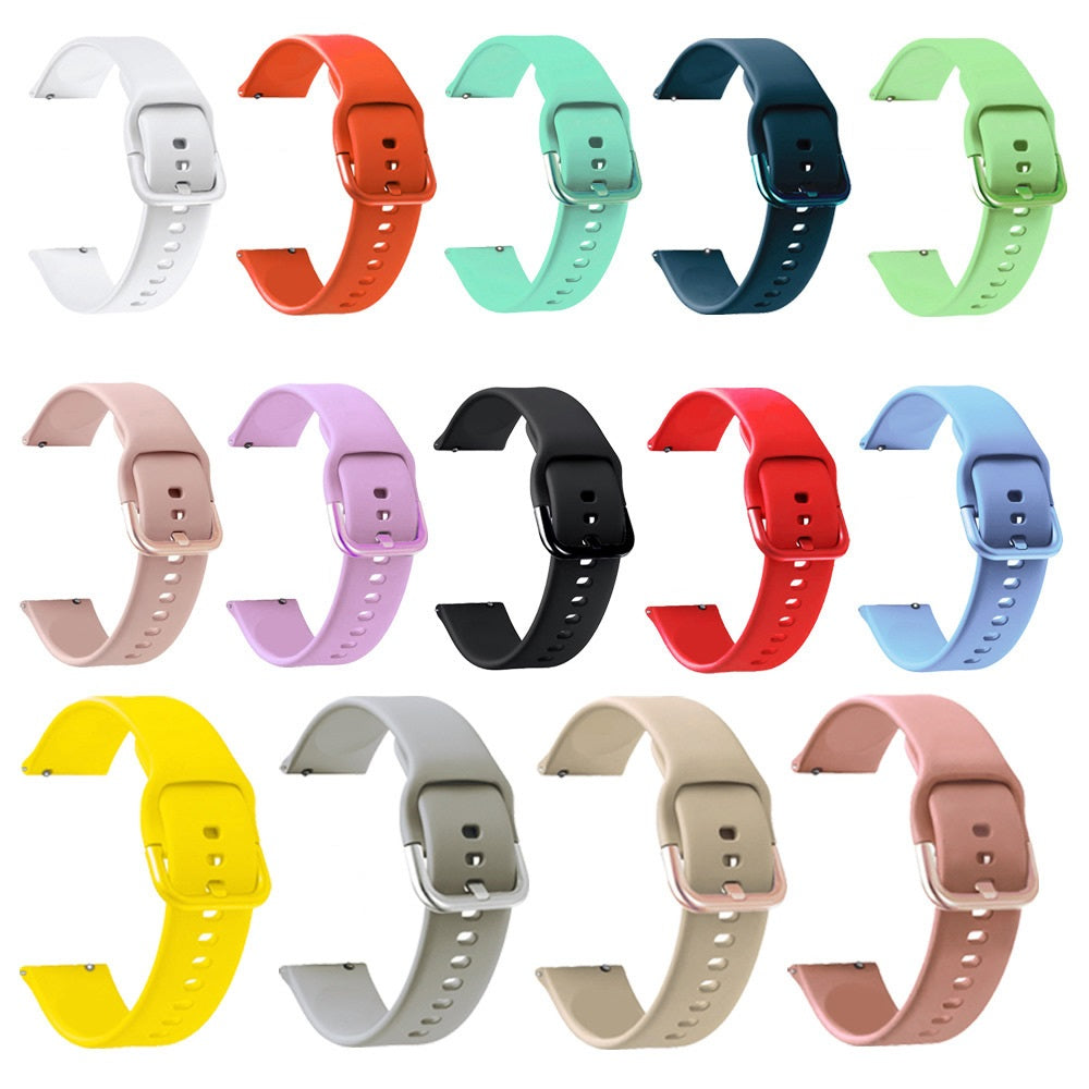 Silicone watch bands in 14 colors including white, red, mint, navy, green, pink, purple, black, blue, yellow, gray, and beige with quick release pins