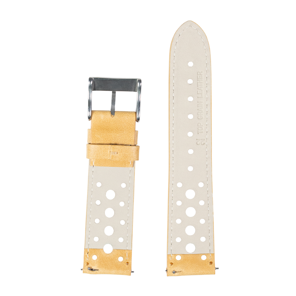Golden brown leather quick release watch strap with perforated design and chrome buckle