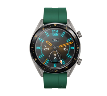 Smartwatch with dark dial, turquoise markers, digital display showing time and stats, green silicone band