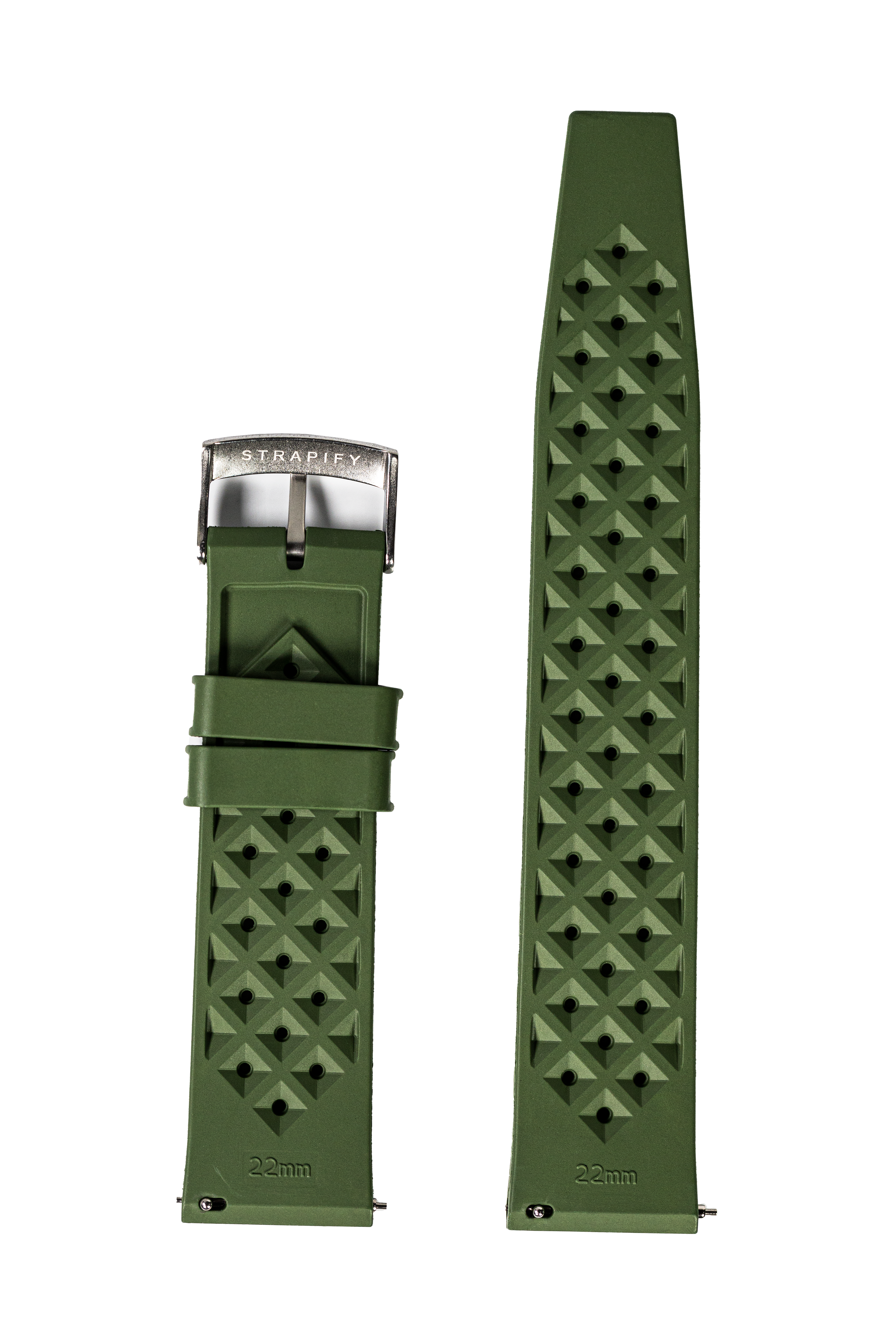 Strapify 22mm forest green rubber watch band with quilted diamond pattern and stainless steel quick release buckle
