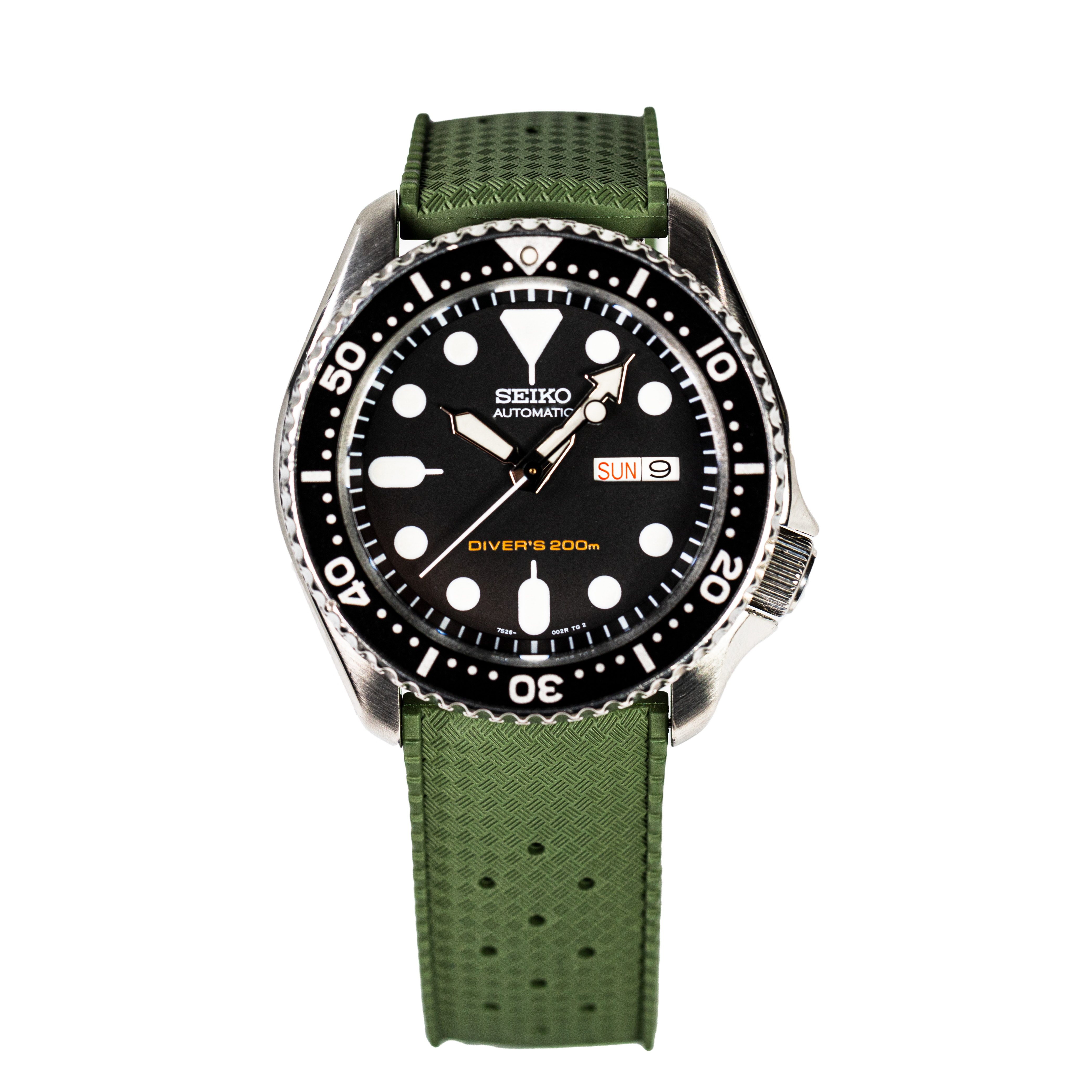 Seiko automatic dive watch with black dial, white markers, day-date window, 200m water resistance, and forest green rubber strap