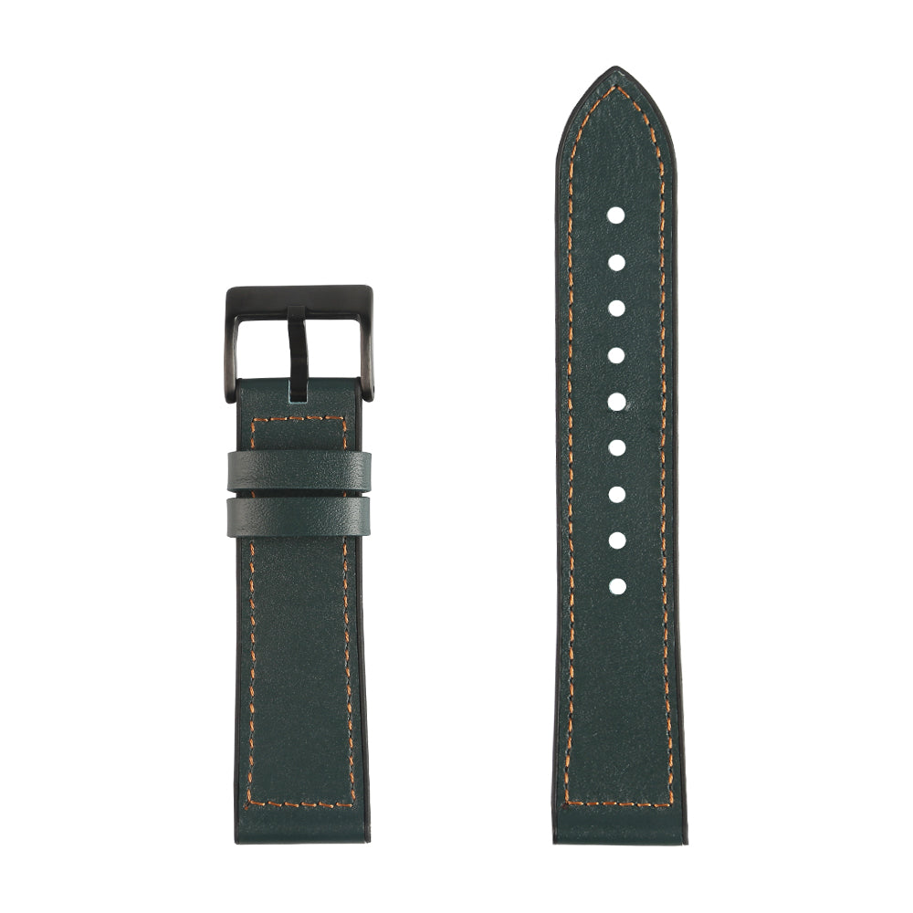 Forest green leather hybrid watch band with quick release pins and tan stitching, displayed separately showing buckle and strap