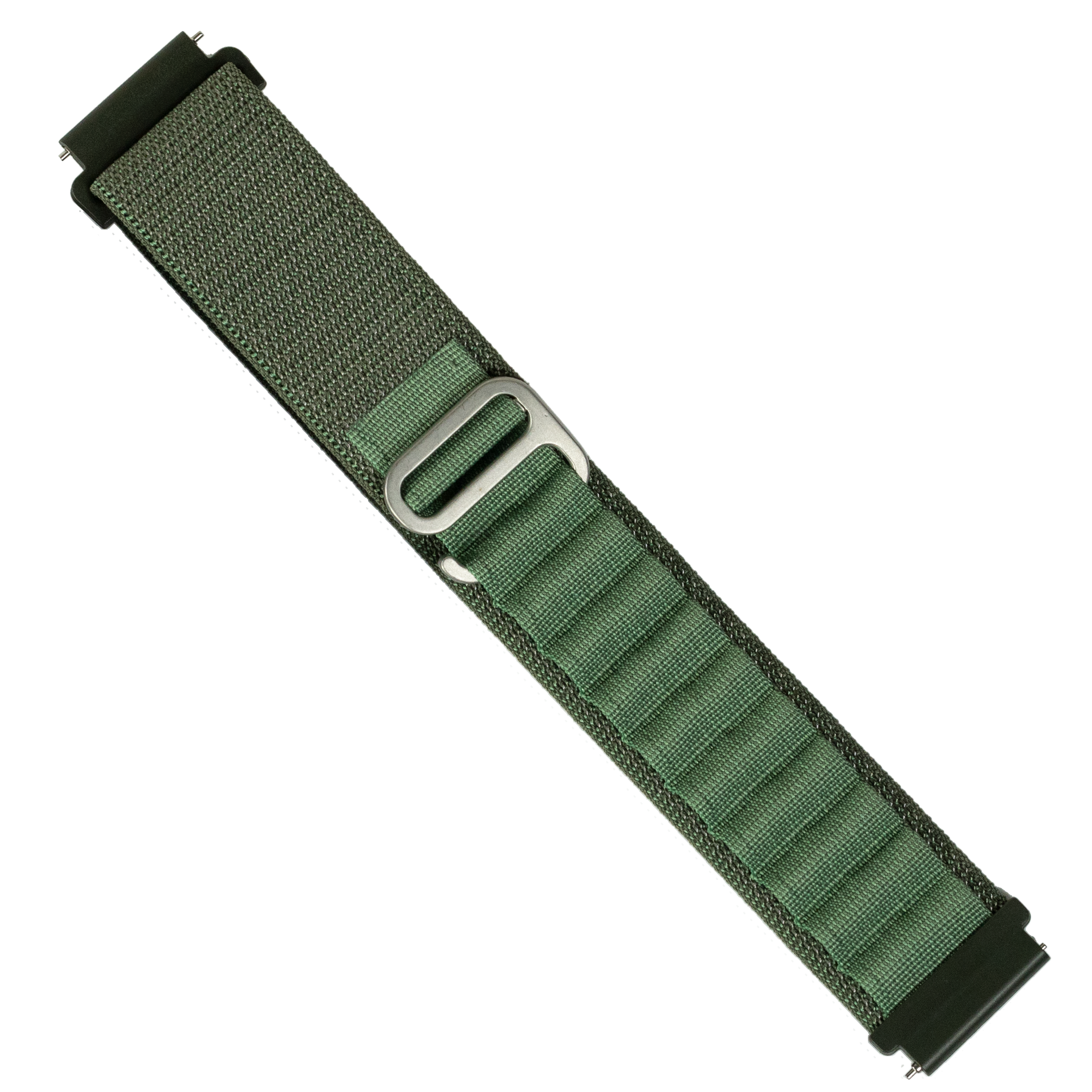 Olive green quick release Alpine loop strap with metal slider buckle and rubber end tabs