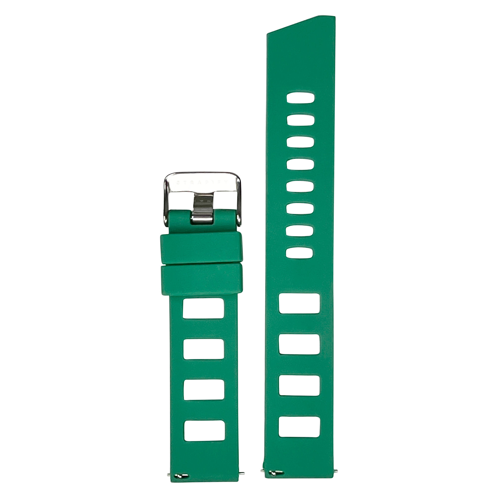 Green silicone quick release watch band with metal buckle and ventilation holes, displayed extended and looped