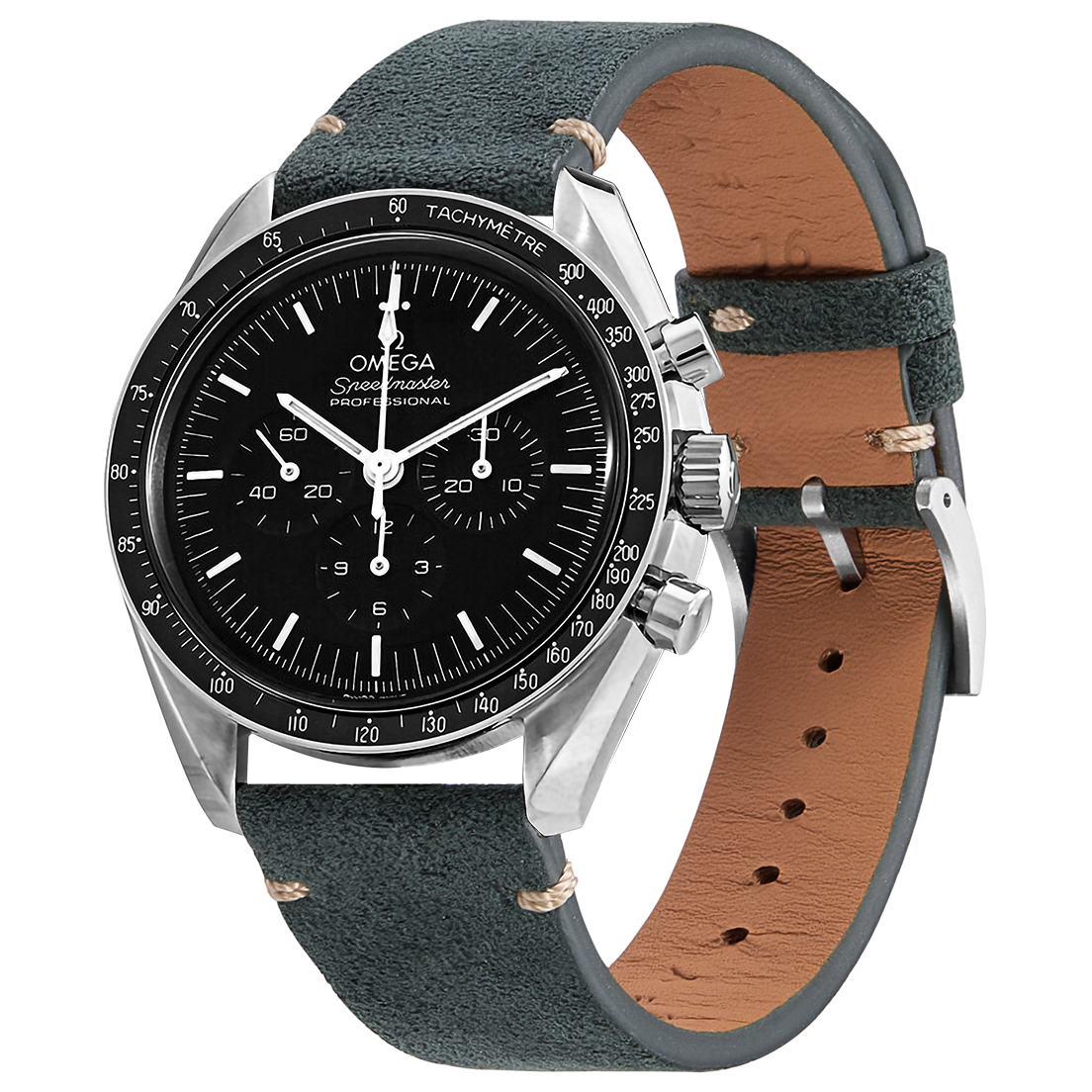 Omega Speedmaster Professional chronograph watch with forest green Alcantara leather strap and quick release system