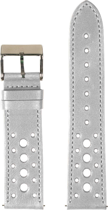 Grey leather quick release watch strap with perforated ventilation holes and stainless steel buckle