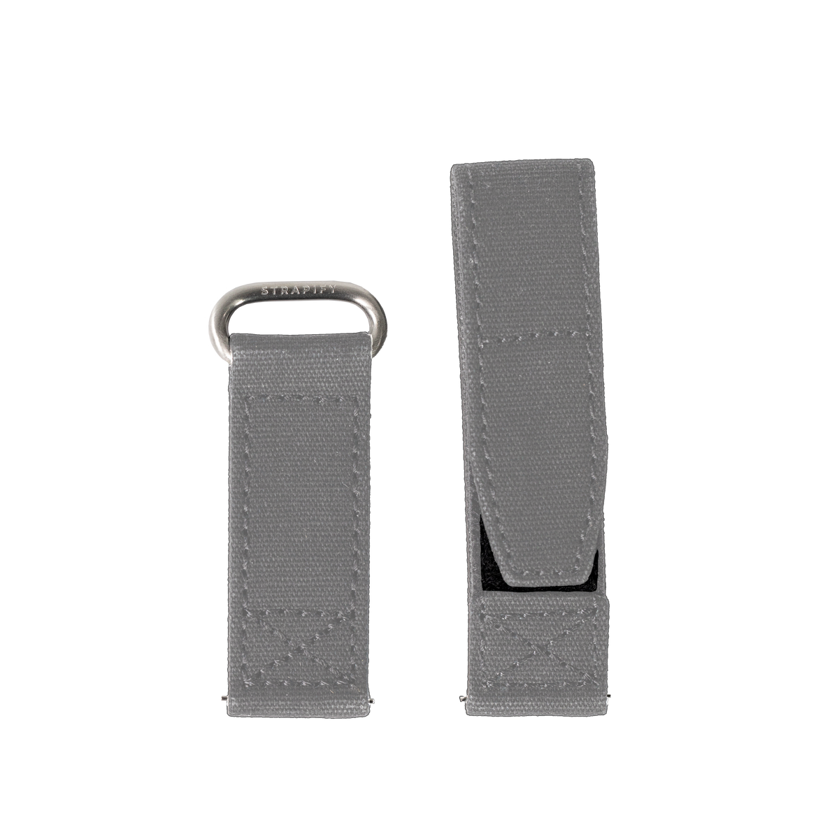 Grey military-style velcro watch band with metal loop hardware, open and closed views showing adjustable hook-and-loop fastening system