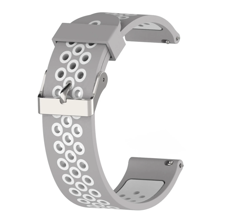 Grey silicone sports watch band with quick release mechanism and perforated ventilation holes