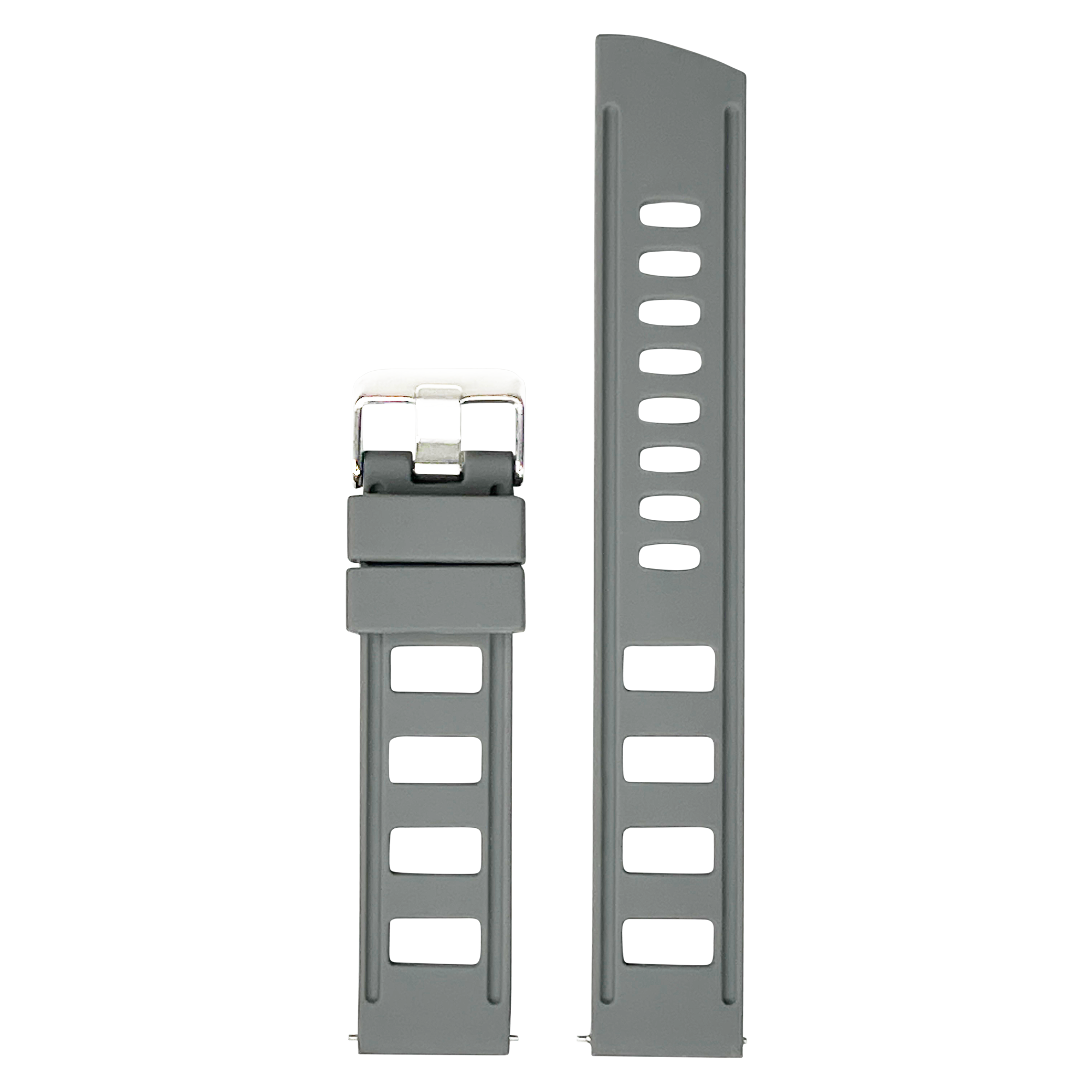 Gray silicone quick release watch band with metal buckle and ventilation holes, shown extended and coiled