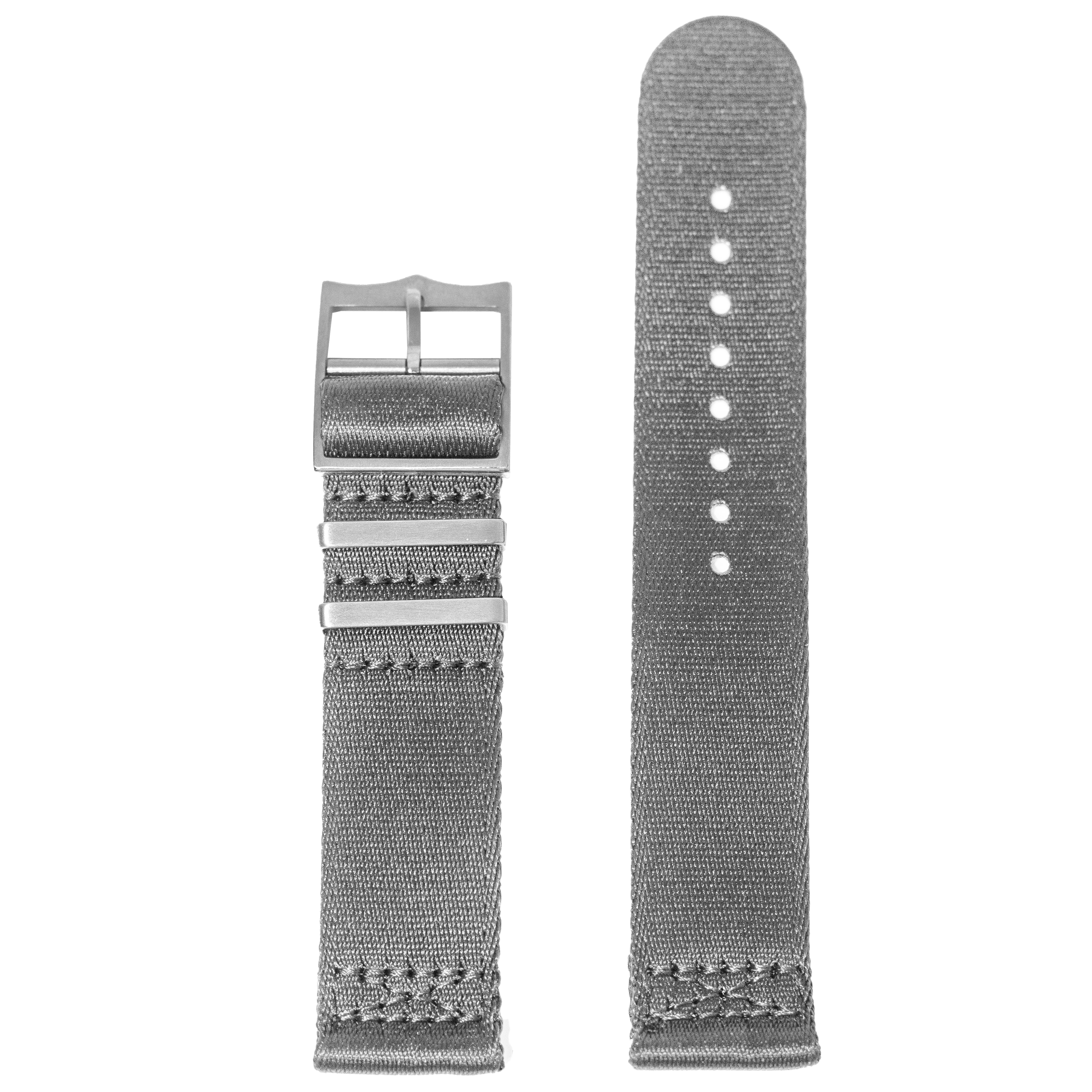 Grey fabric military-style watch strap with quick release buckle and adjustment holes