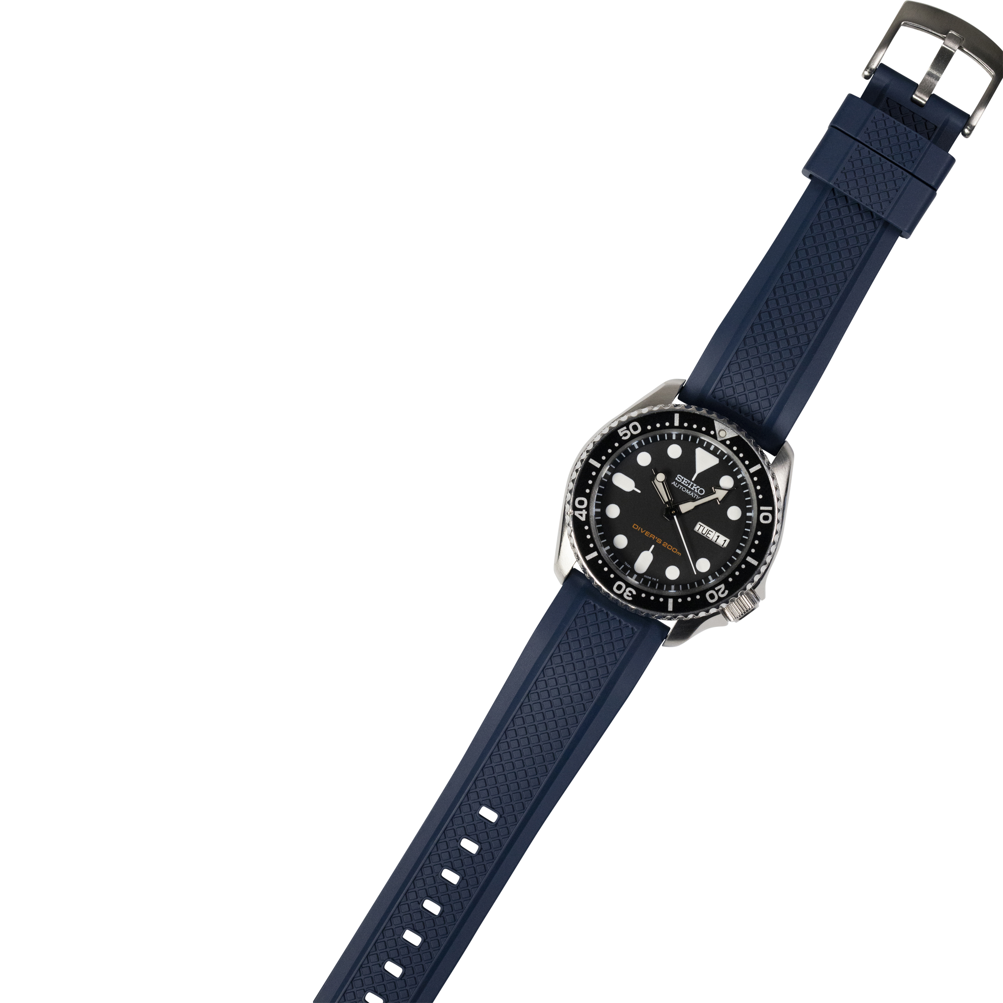 Stainless steel dive watch with black dial and navy blue textured rubber strap featuring quick release GridLock buckle