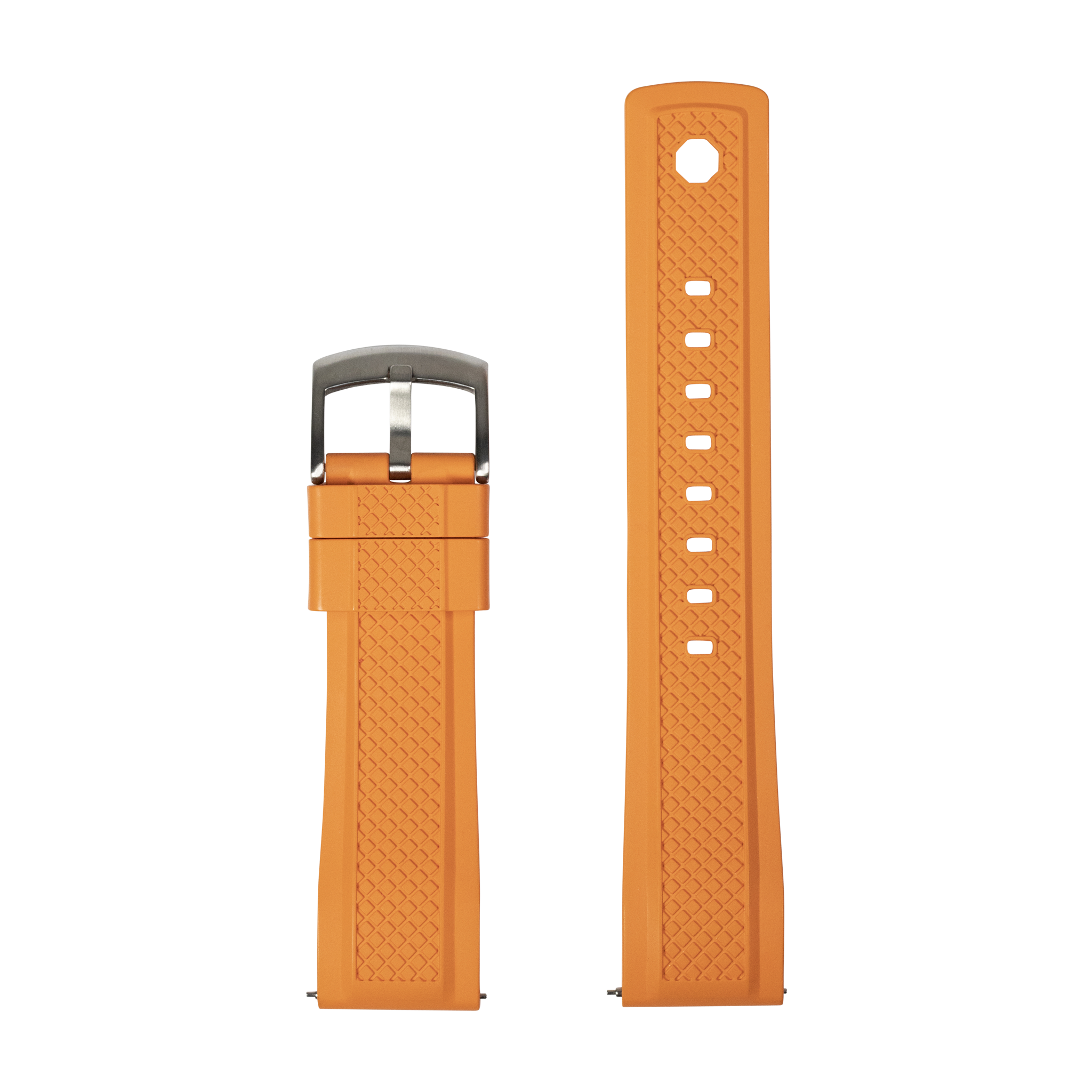 Orange FKM rubber watch strap with QuickFit GridLock system, 26mm width, featuring gunmetal buckle and adjustment holes