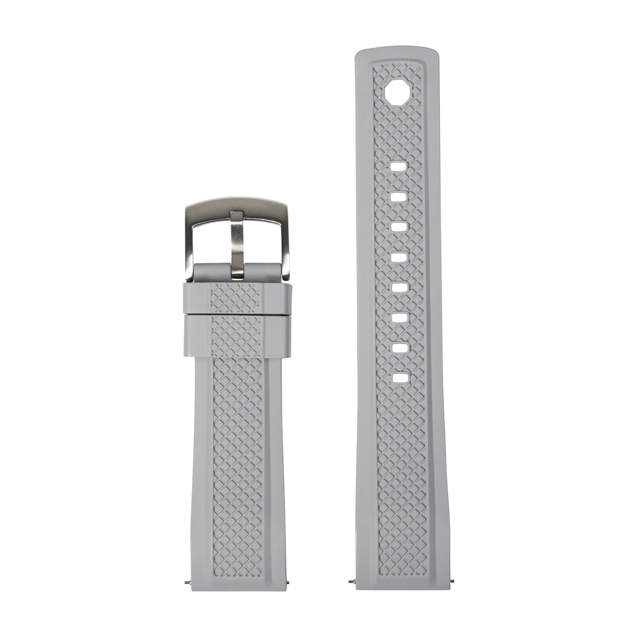 Grey rubber watch strap with quilted texture pattern, quick-fit GridLock system and stainless steel buckle, 26mm width