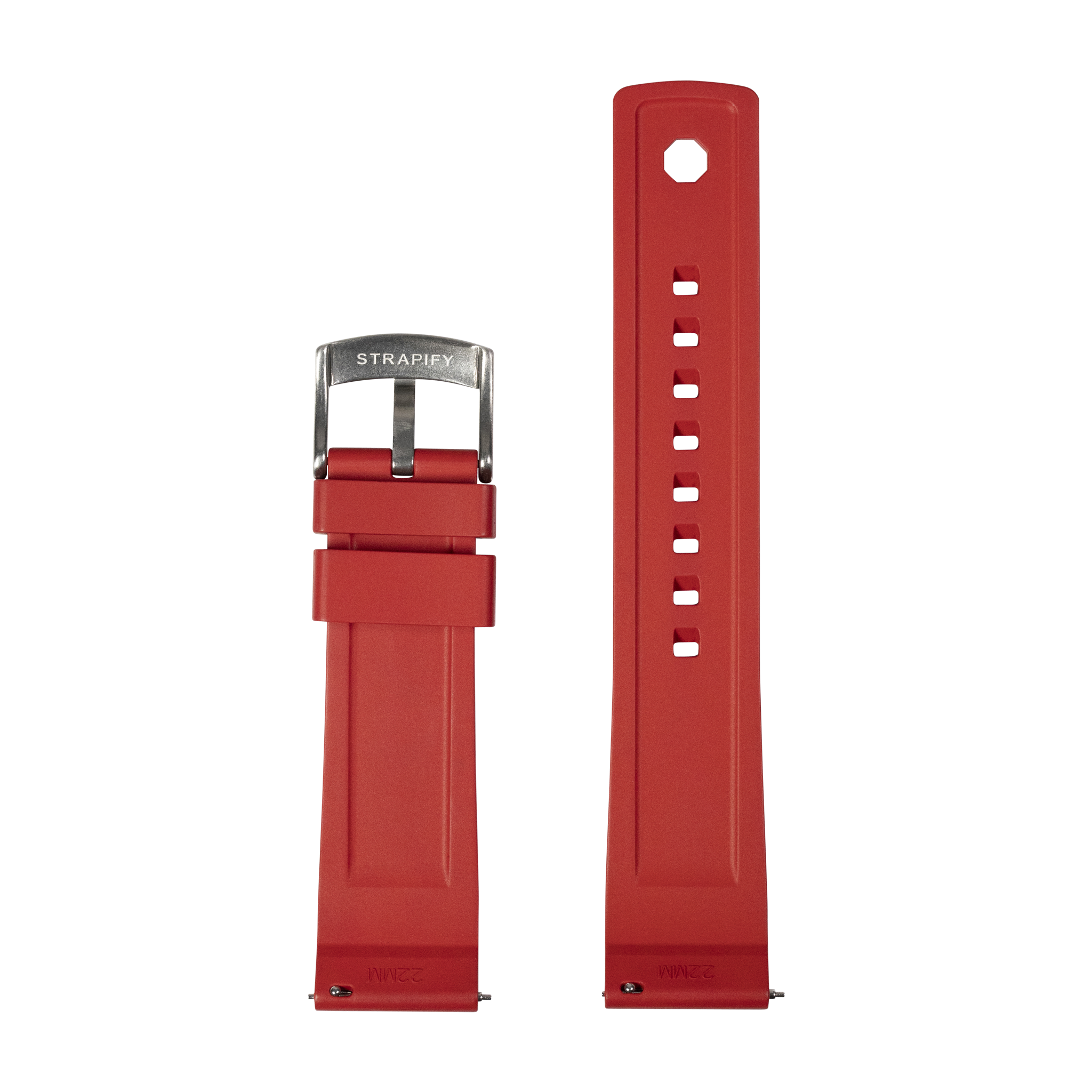 Red silicone quick release watch strap with stainless steel buckle and adjustment holes by Strapify