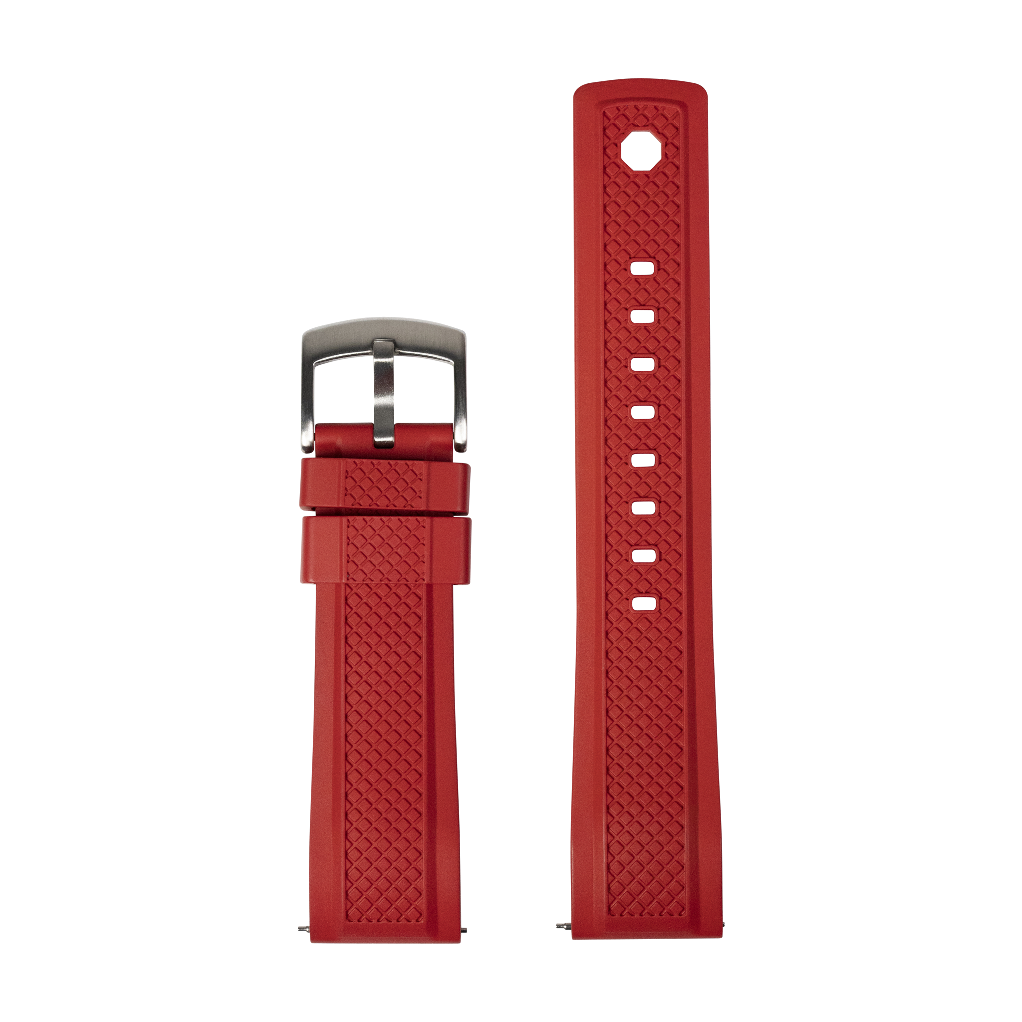 Red QuickFit GridLock FKM rubber watch strap 26mm with textured pattern and stainless steel buckle