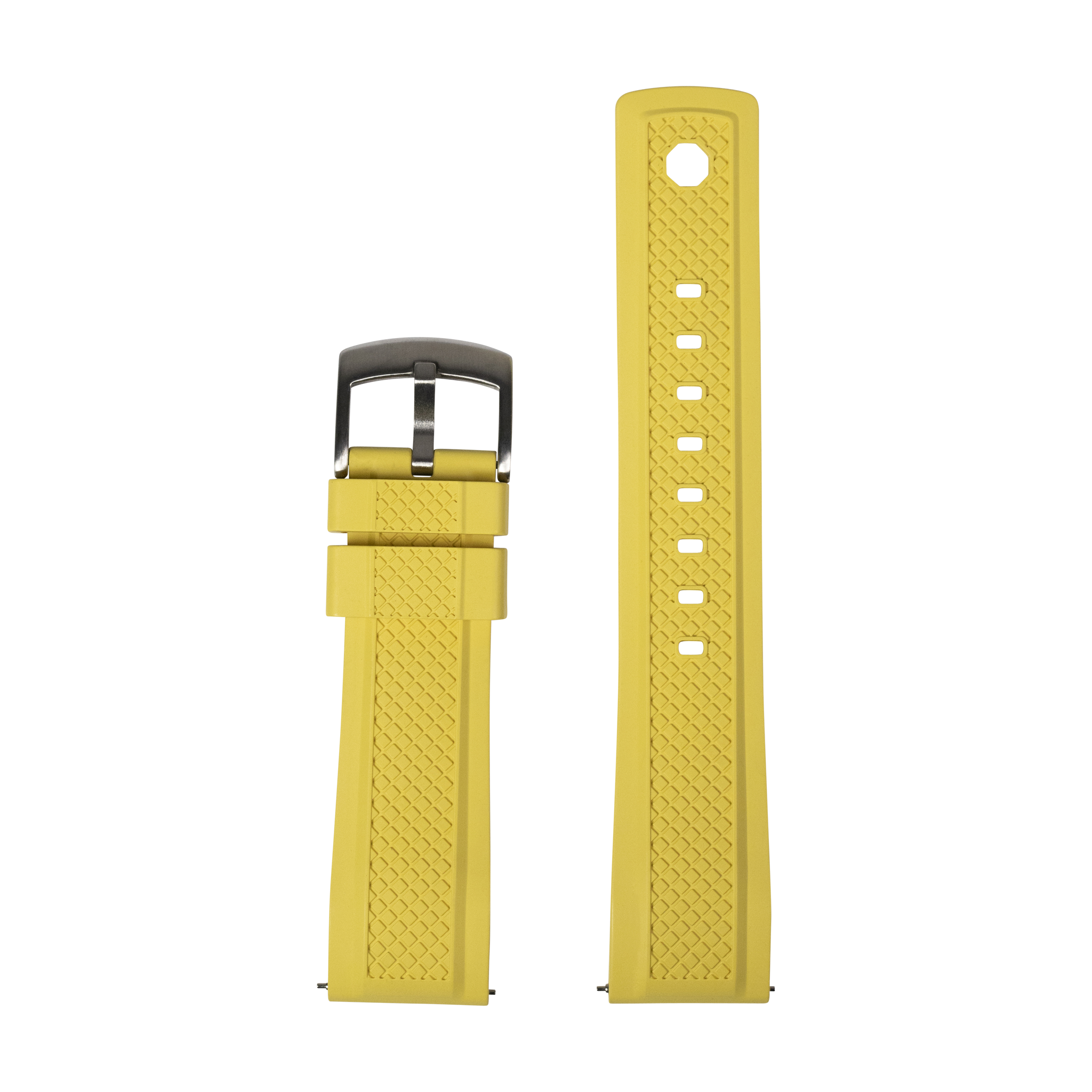Yellow QuickFit GridLock FKM rubber watch band 26mm with textured pattern and gunmetal buckle shown assembled and unattached