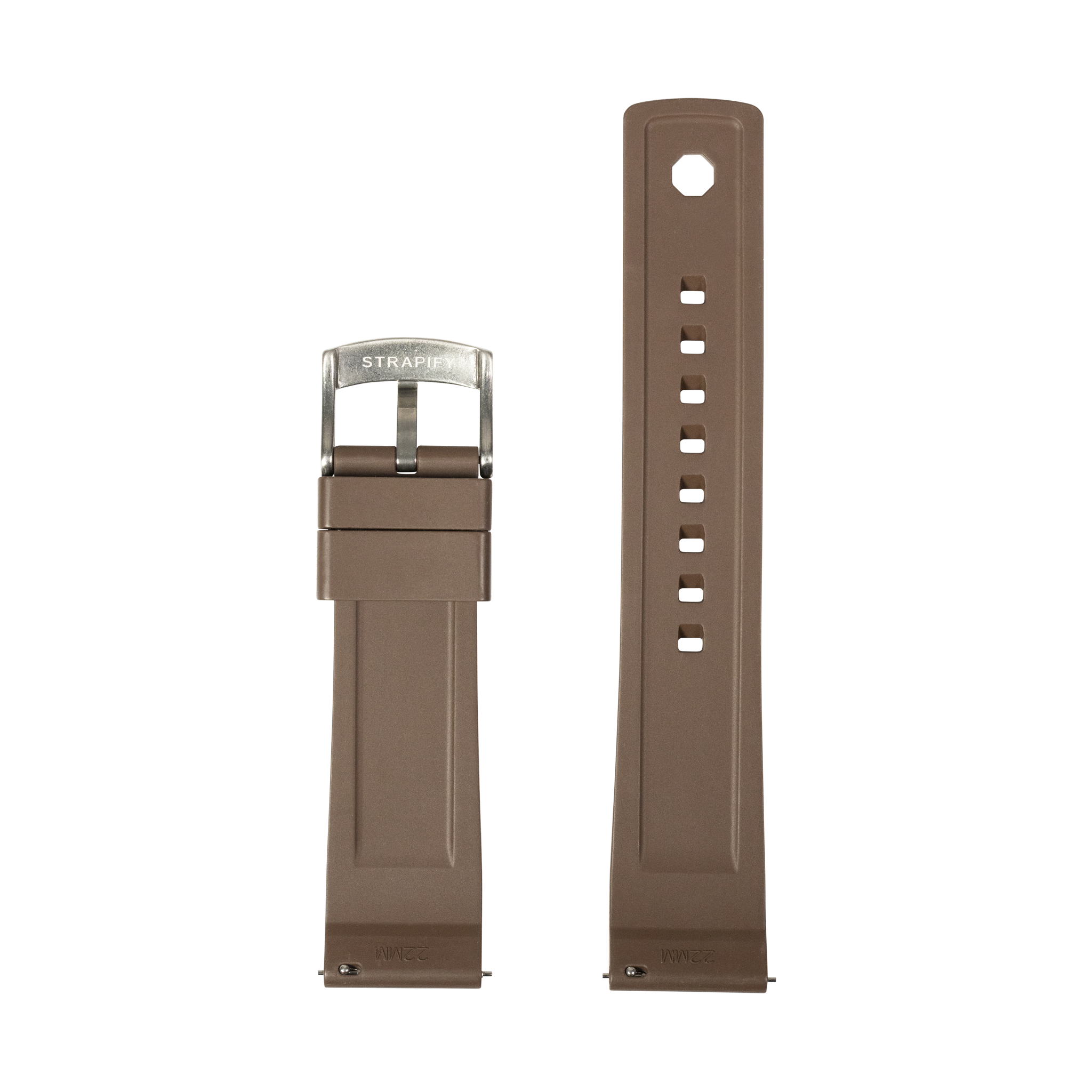 Brown silicone watch band with stainless steel buckle and quick-release pins, displayed open and closed