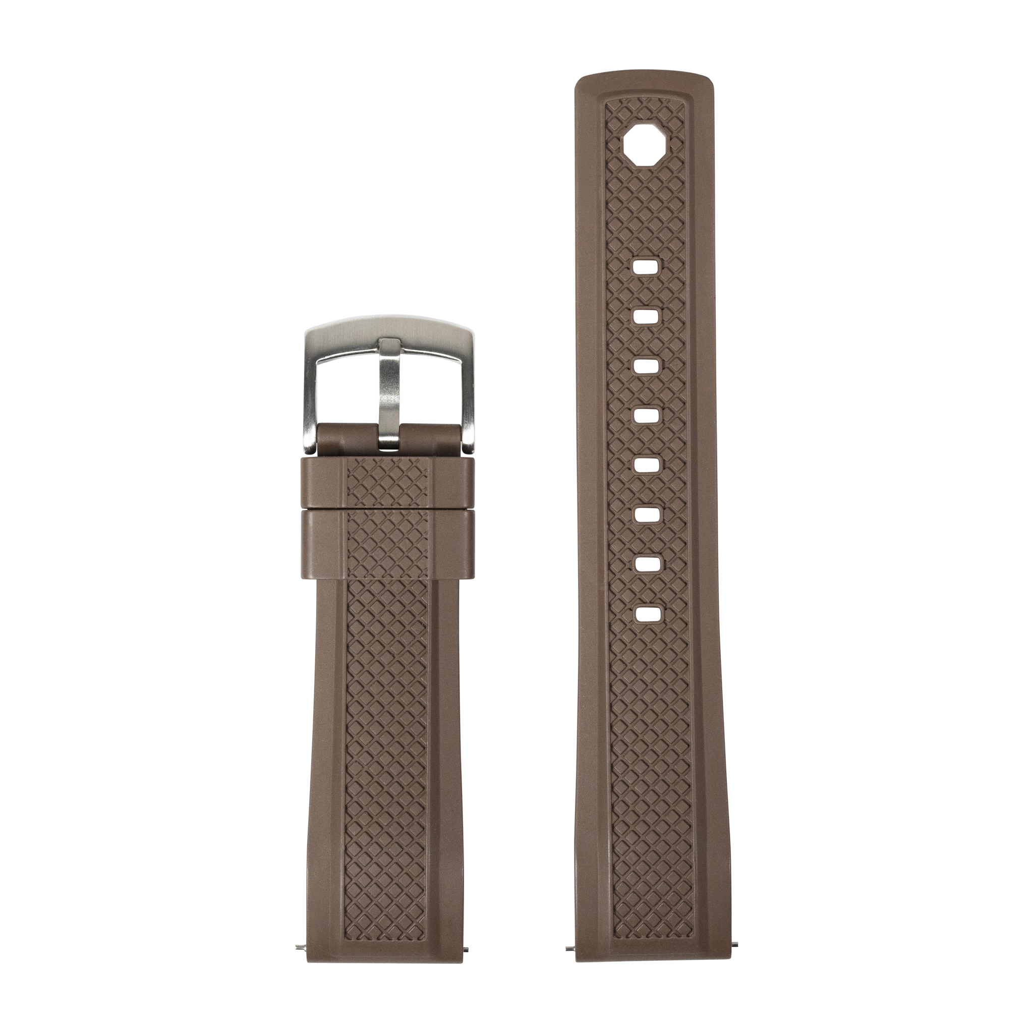 Brown rubber watch band with QuickFit system, stainless steel buckle and grid texture pattern, 26mm width