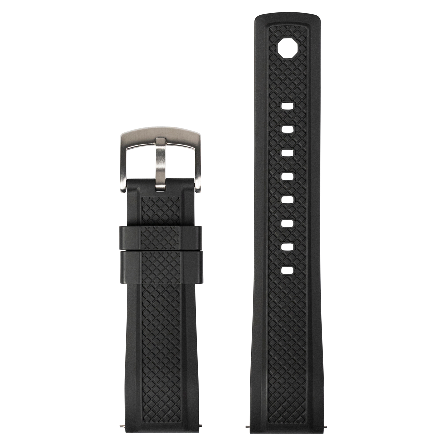 Black rubber watch band with quilted texture pattern, QuickFit GridLock 26mm strap with metal buckle and adjustment holes