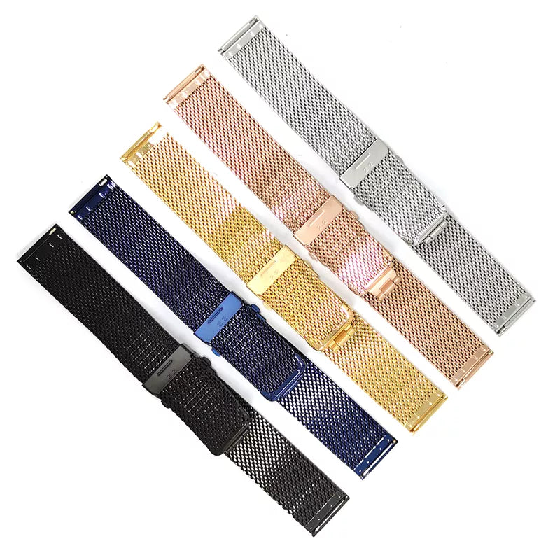 Quick release Milanese mesh watch bands in five colors with magnetic clasp closures