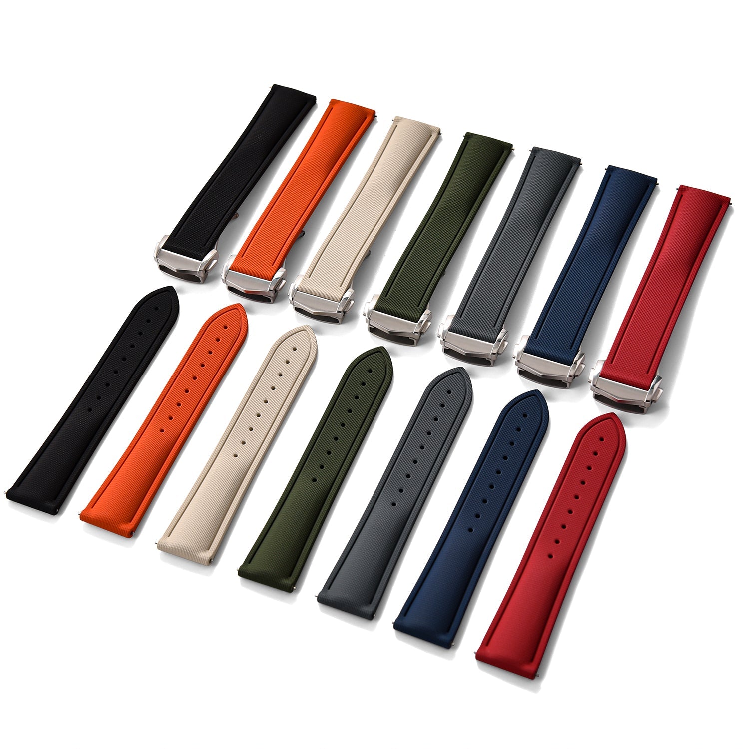 Quick release textured FKM rubber watch bands in multiple colors including black, orange, beige, green, navy and red with metal clasps