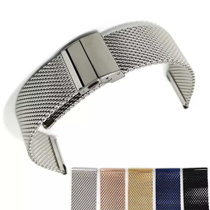 Silver stainless steel mesh watch band with quick release clasp and color swatches below