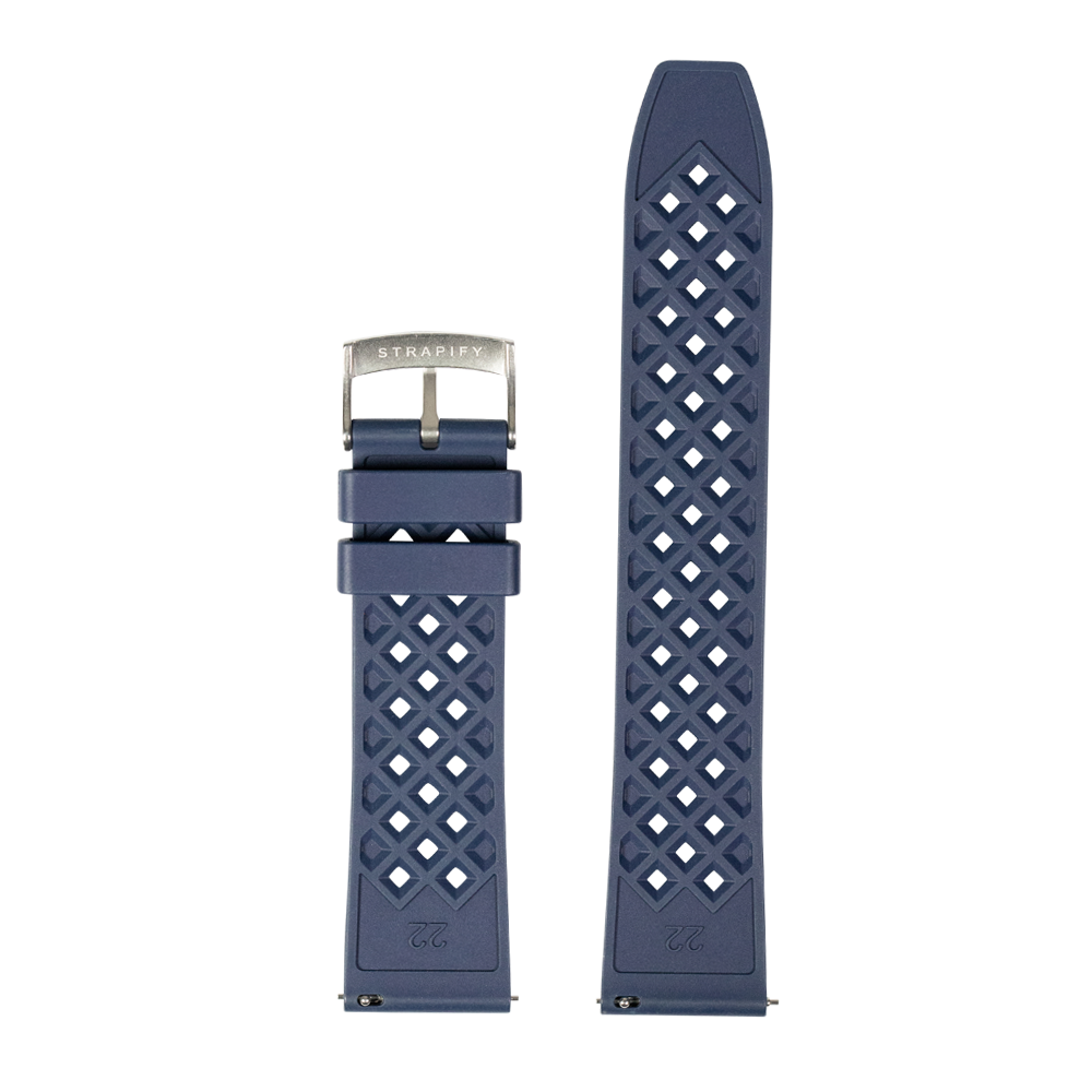 Navy blue rubber watch band with honeycomb texture and quick release buckle by Strapify