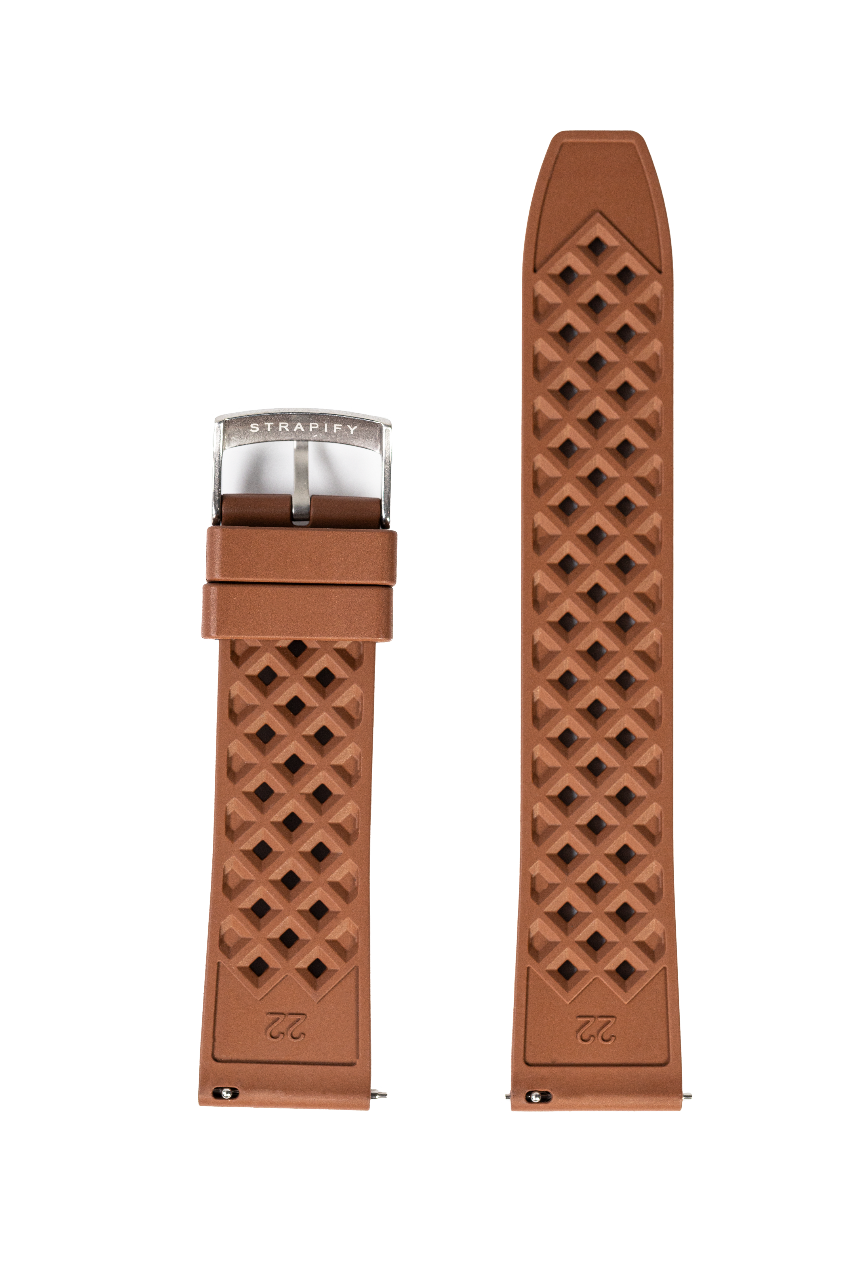Brown FKM rubber quick release watch strap with diamond honeycomb pattern and stainless steel buckle by Strapify