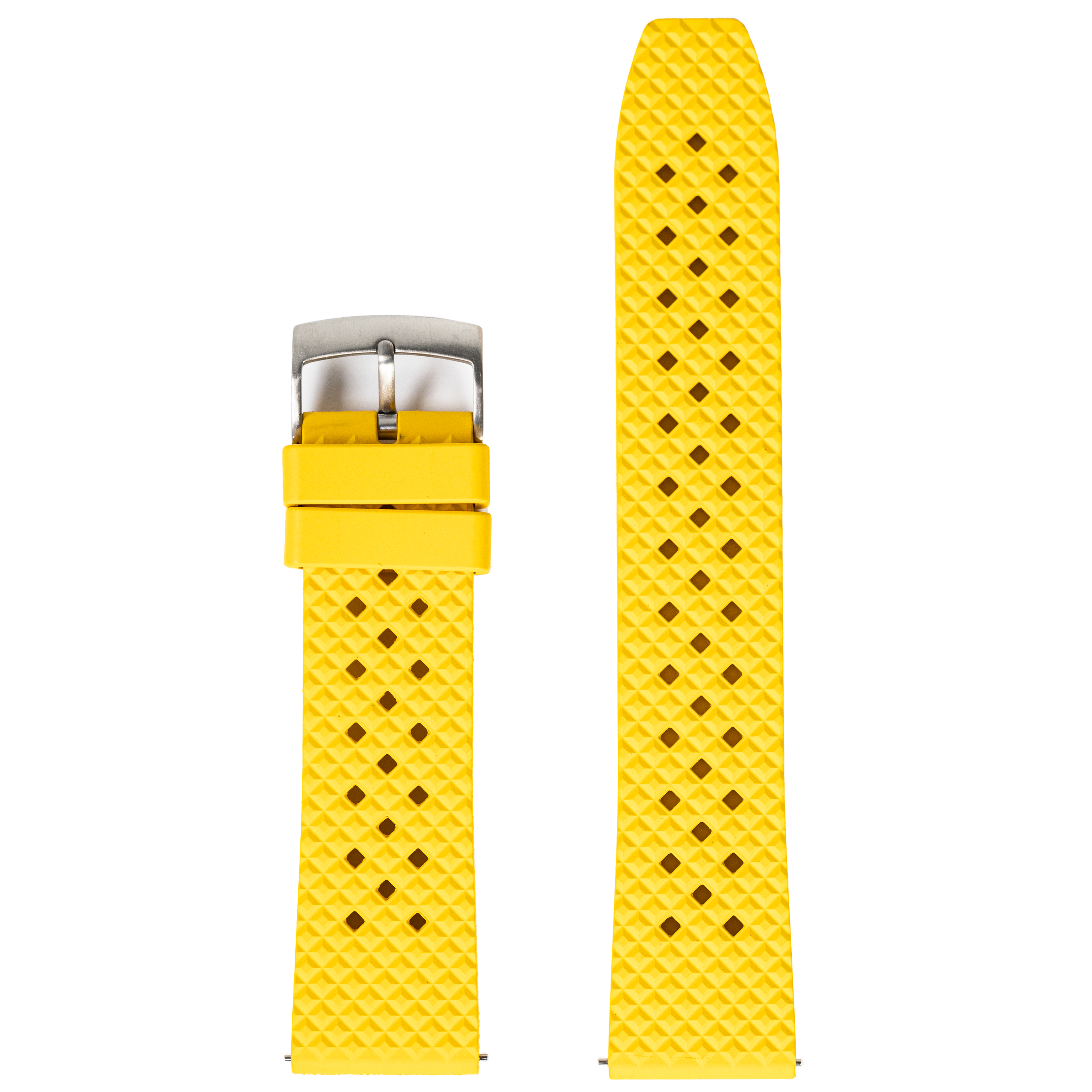 Bright yellow FKM rubber quick release watch band with honeycomb texture and black diamond pattern, displayed with metal buckle