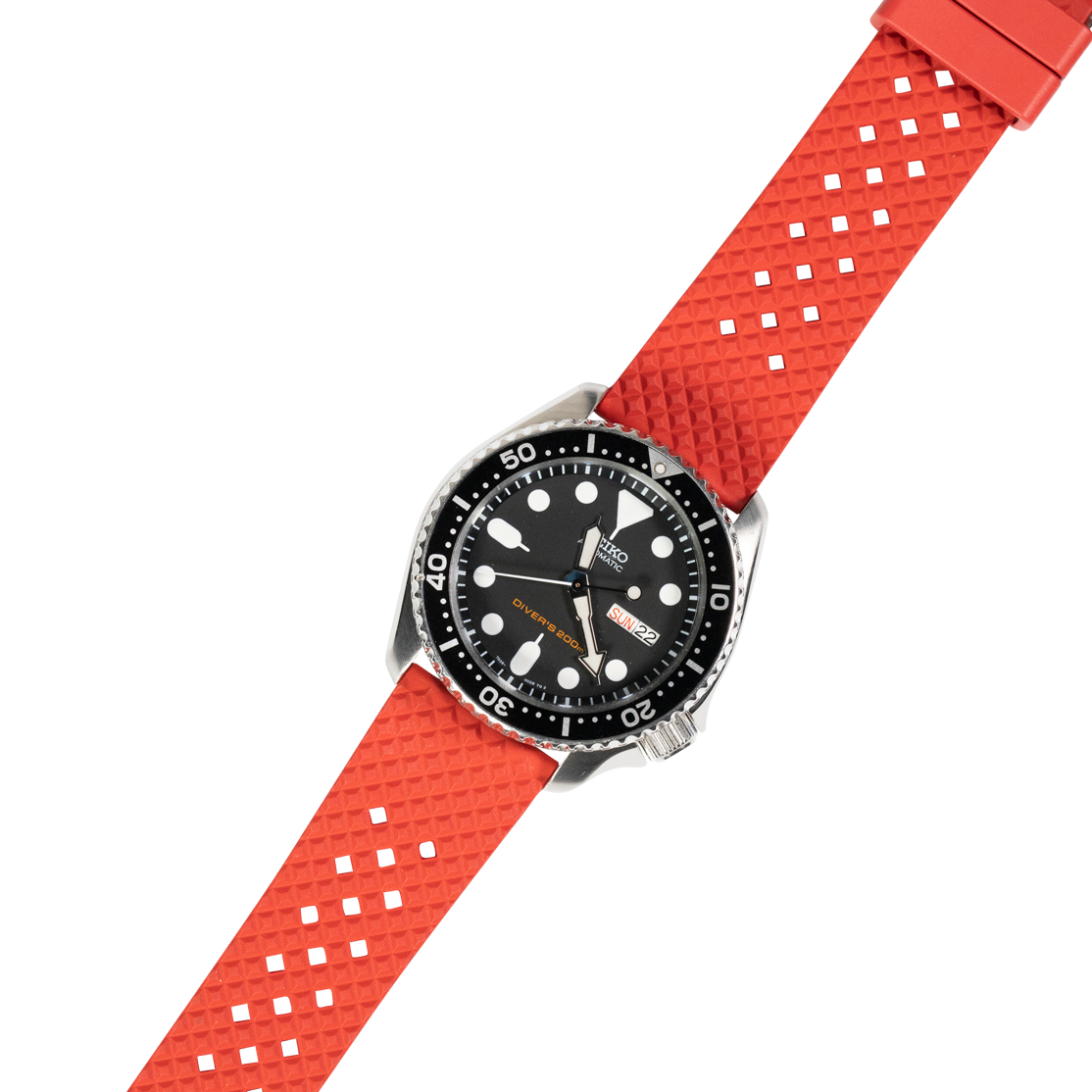 Dive watch with black dial and stainless steel case on red honeycomb FKM rubber quick release strap
