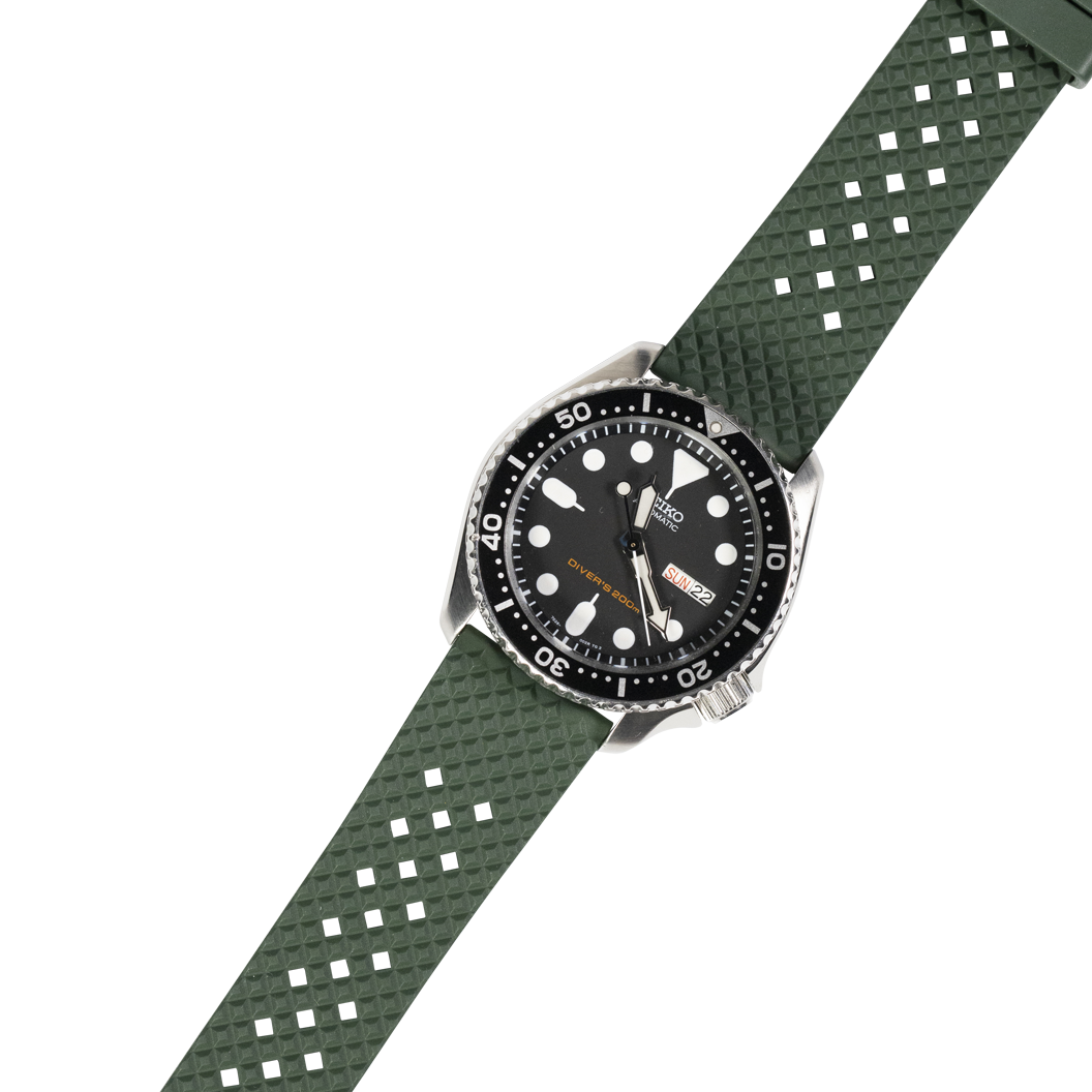 Seiko Pro diver watch with black dial and white indices on green honeycomb FKM rubber quick release strap