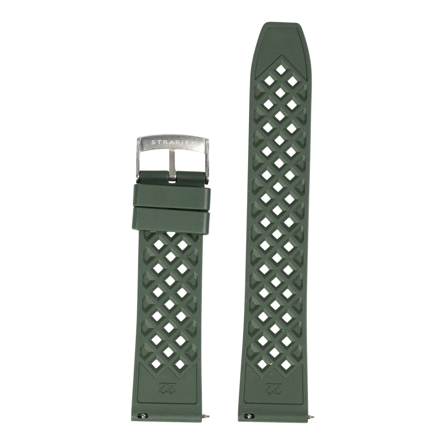 Green silicone rubber watch band with diamond lattice pattern and stainless steel quick release buckle