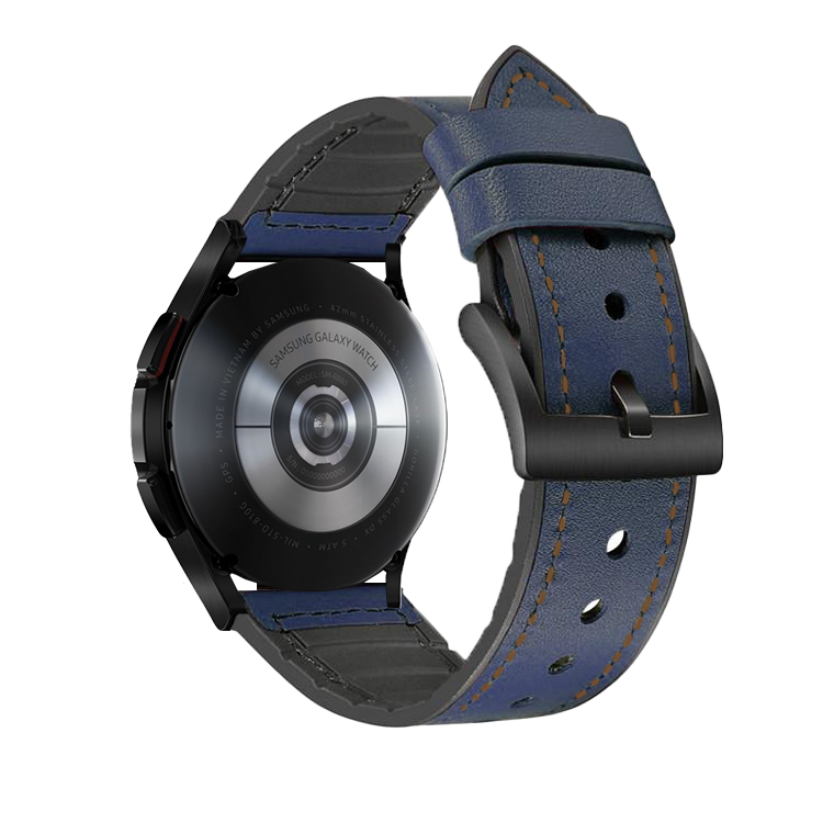 Quick Release Leather Hybrid smartwatch band in navy blue with brown stitching and black buckle for Galaxy Watch