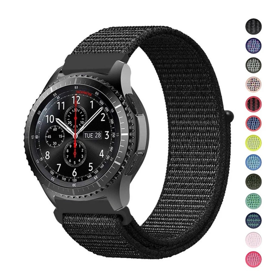 Black nylon sports loop watch band with velcro closure for quick release smartwatch strap