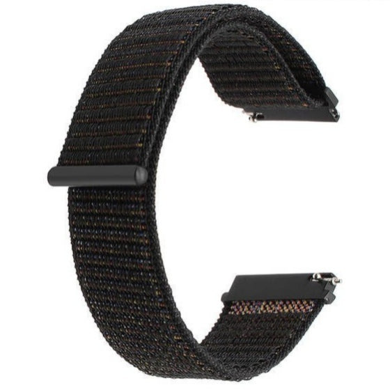Black woven sports loop watch band with velcro quick release closure and black metal connectors