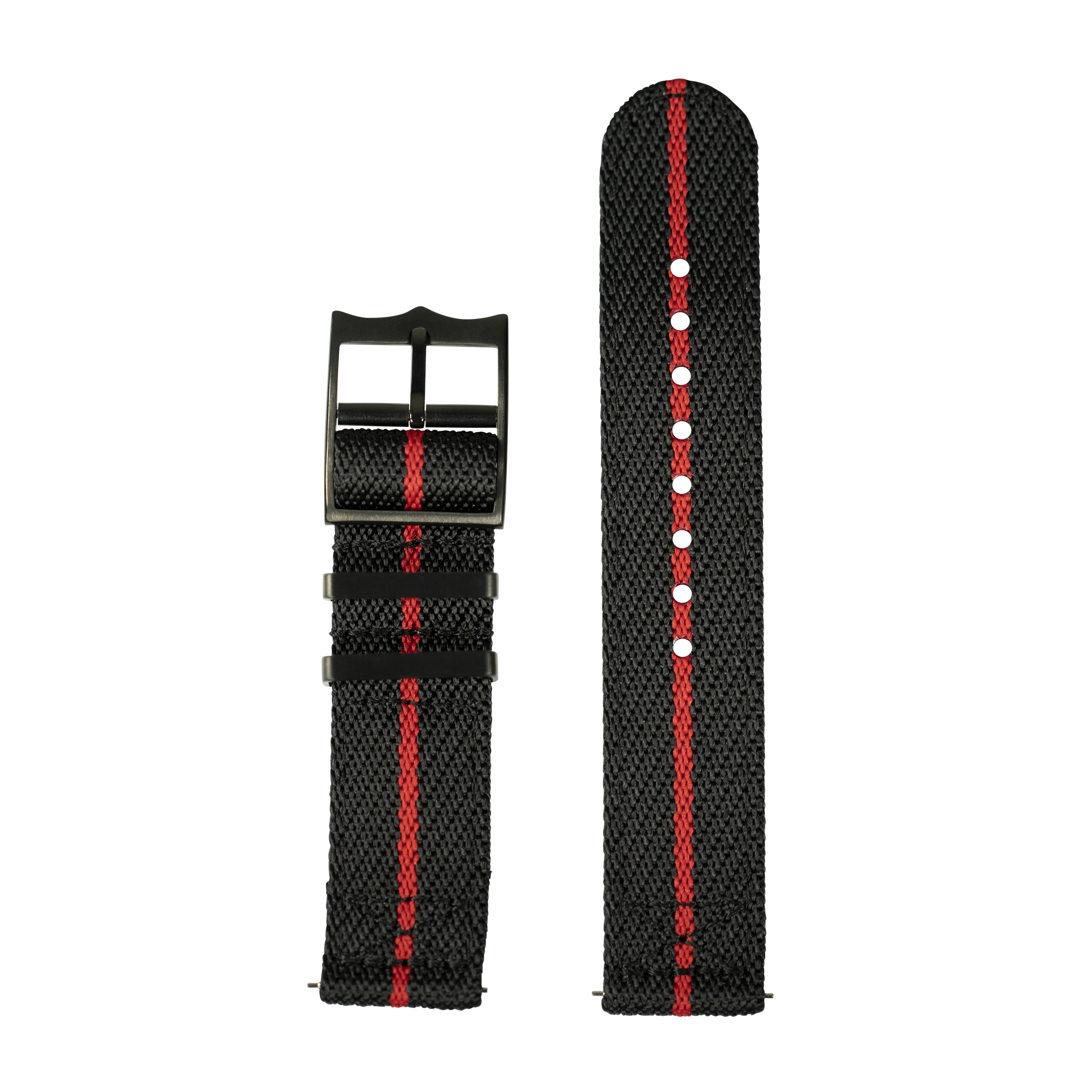 Black and red fabric watch strap with white stud details and black buckle hardware, shown assembled and unassembled