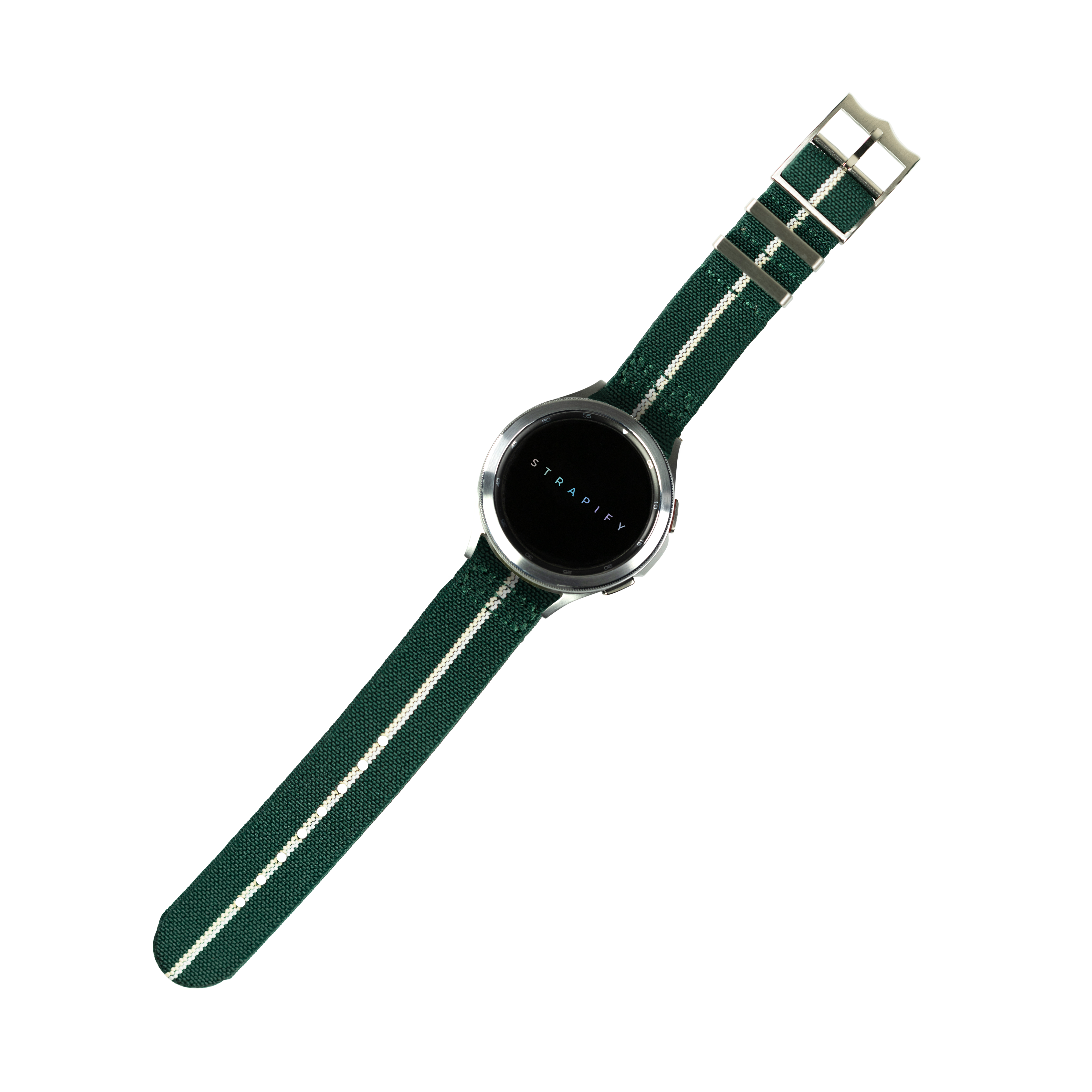 Stradify smartwatch with round black dial and green elasticated fabric strap with white stripe detail and metal buckle