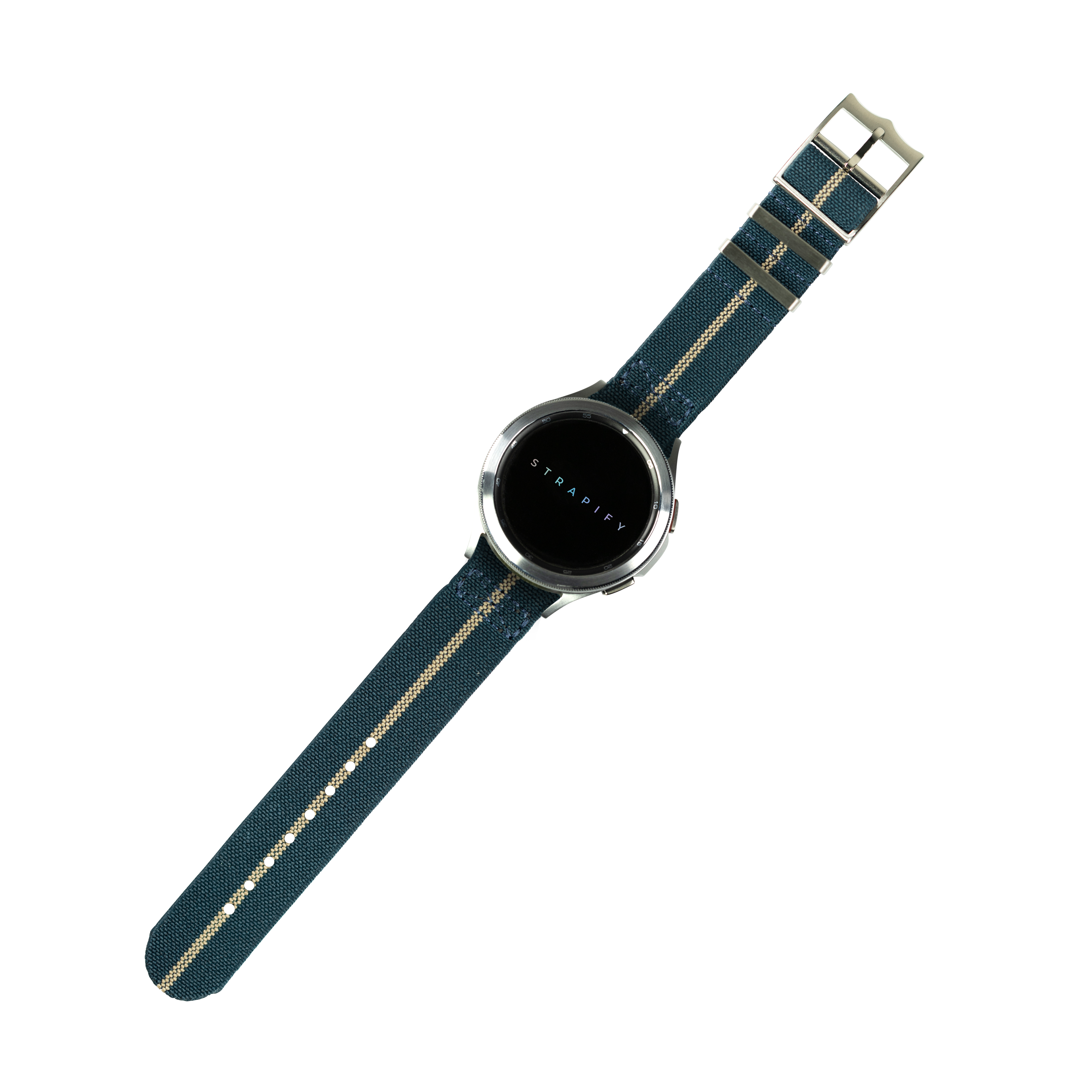 Stradify smartwatch with black dial and navy blue elastic fabric strap with wheat stripe detail