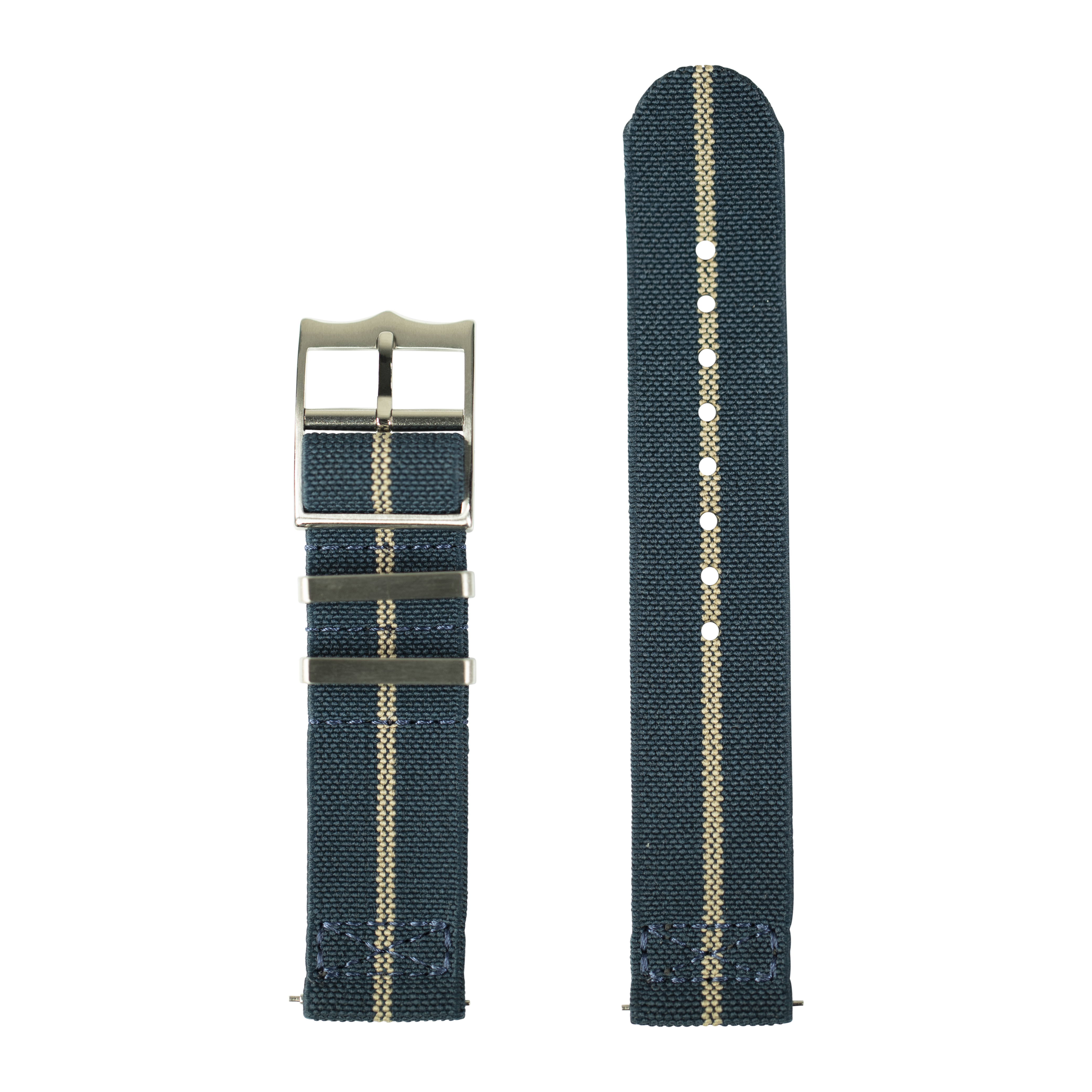 QuickFit ElastoFlex navy blue and wheat fabric watch strap with metal buckle, 26mm width, shown assembled and unrolled