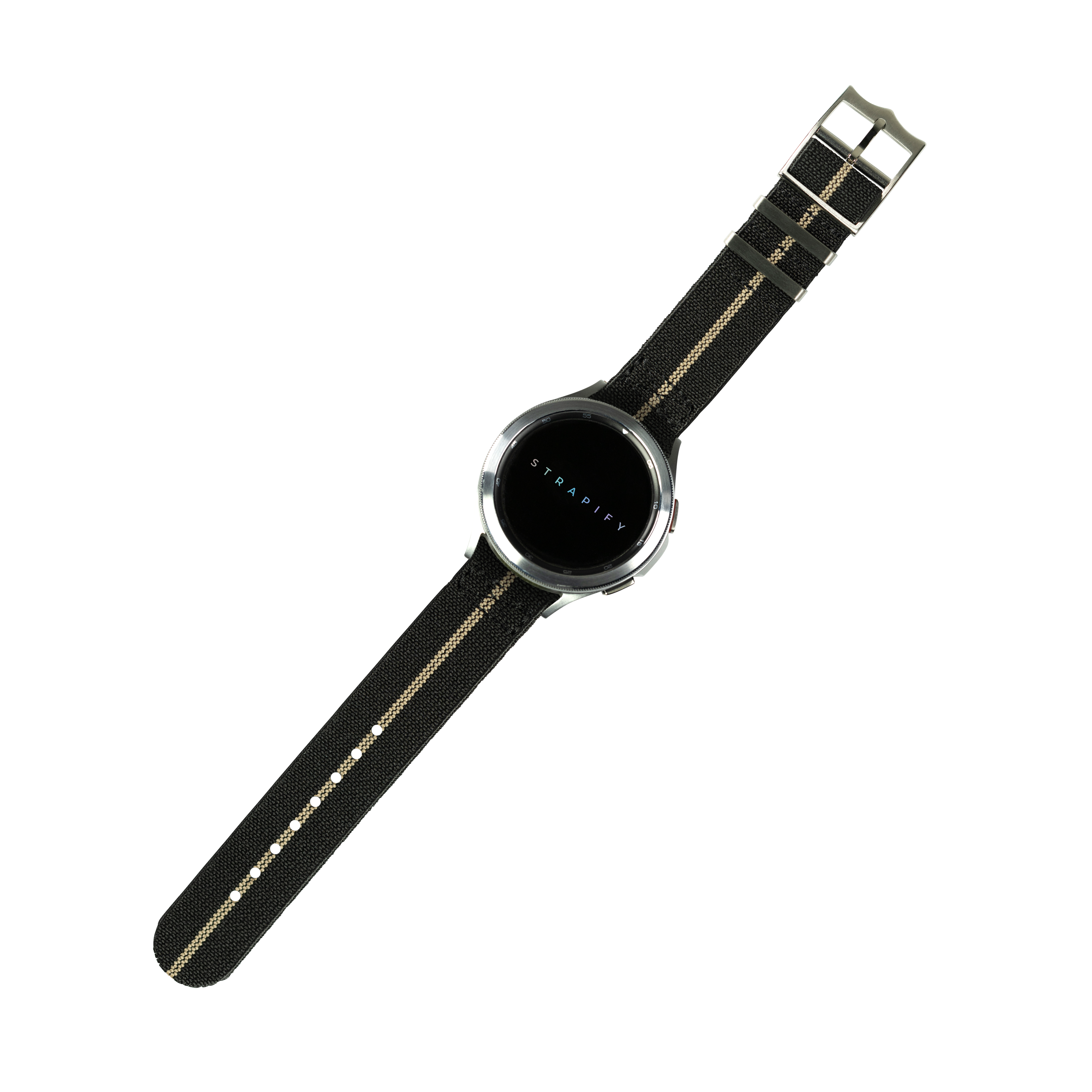 Stradify QuickFit ElastoFlex smartwatch with black and wheat nylon strap and round silver case