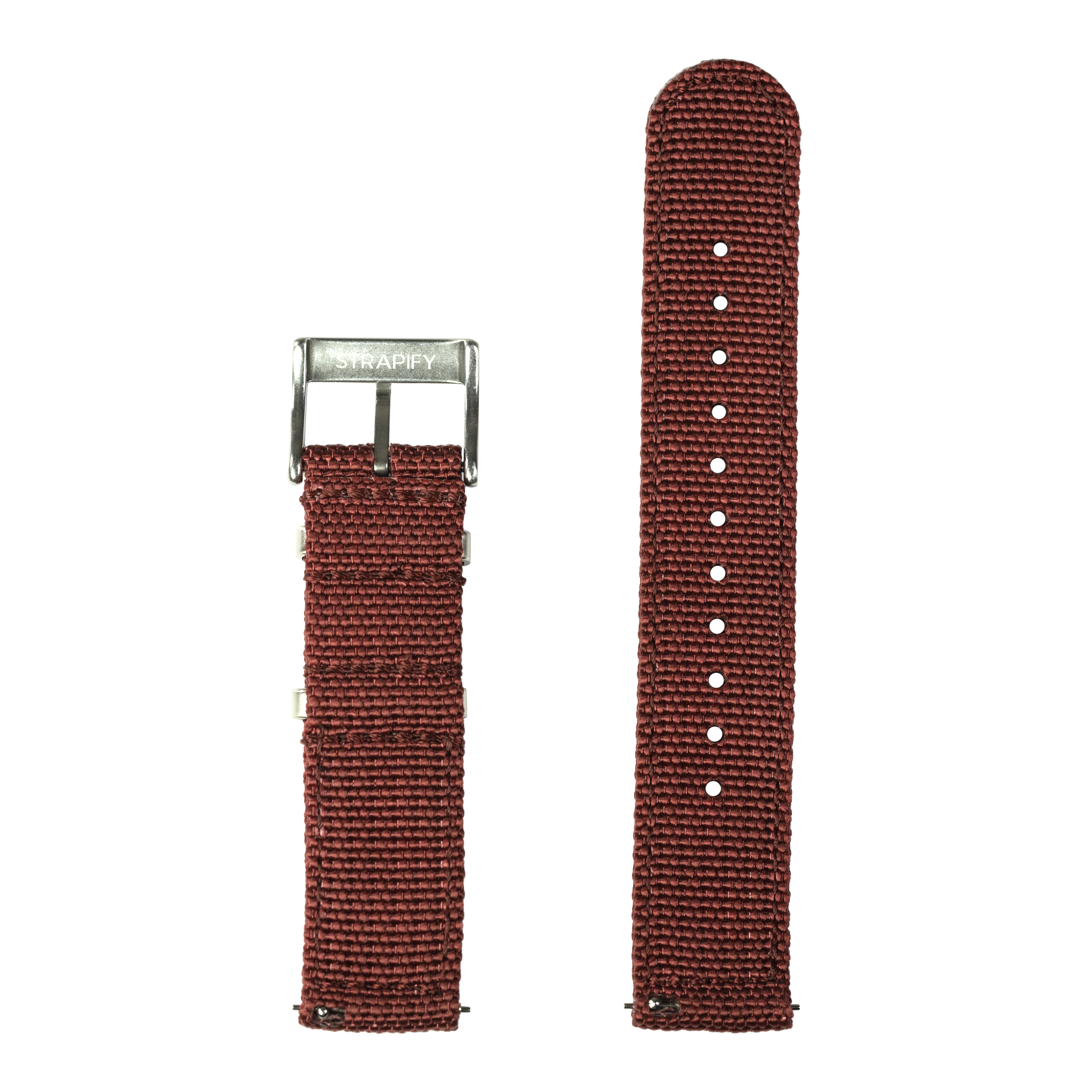 Red canvas quick release watch band with silver buckle, Strapify military-style strap with adjustment holes
