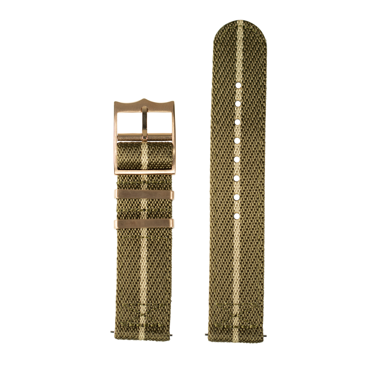 Olive green fabric watch strap with wheat stripe and bronze buckle, quickfit 26mm military style band