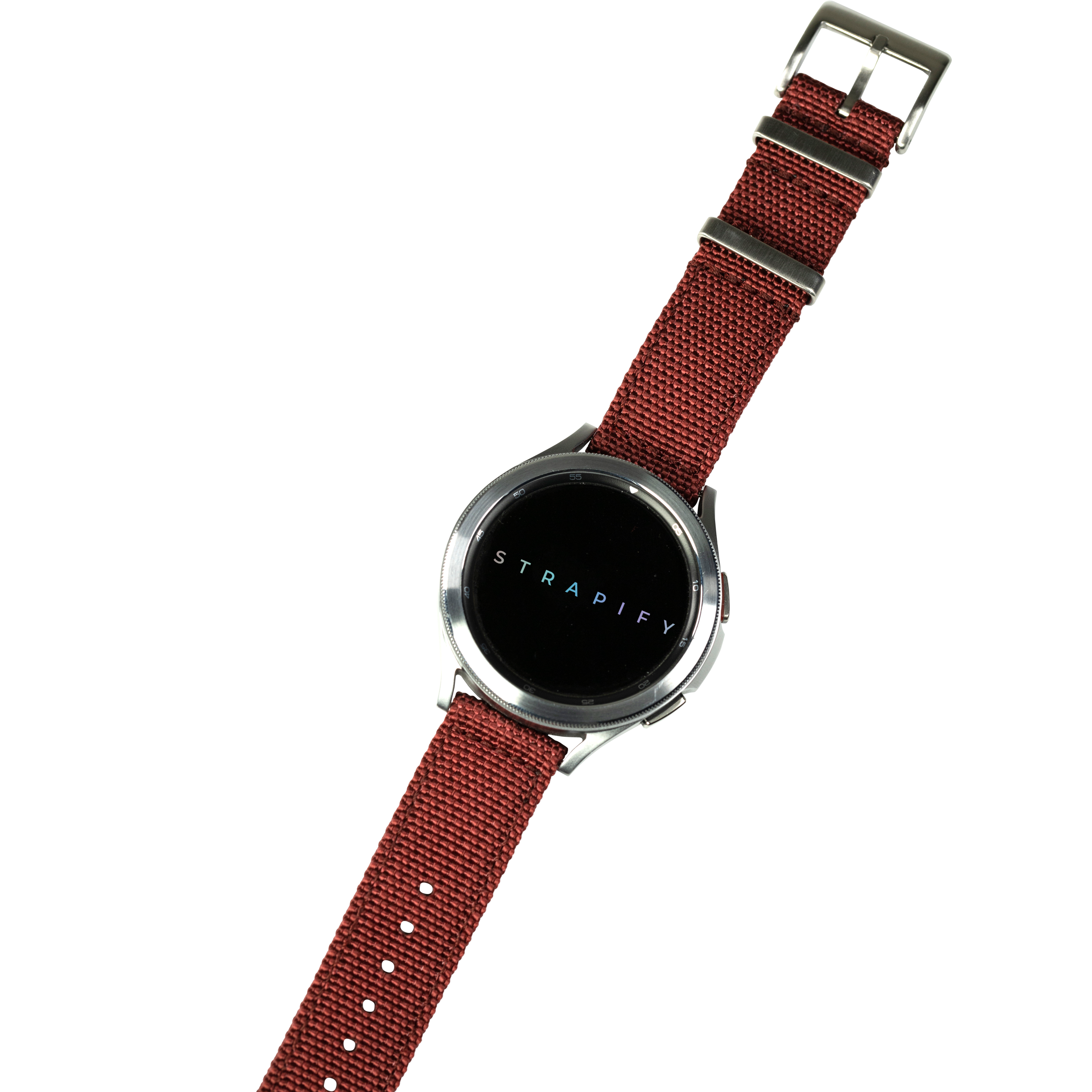 Strapify smartwatch with round black dial and red fabric quick release strap with silver buckle