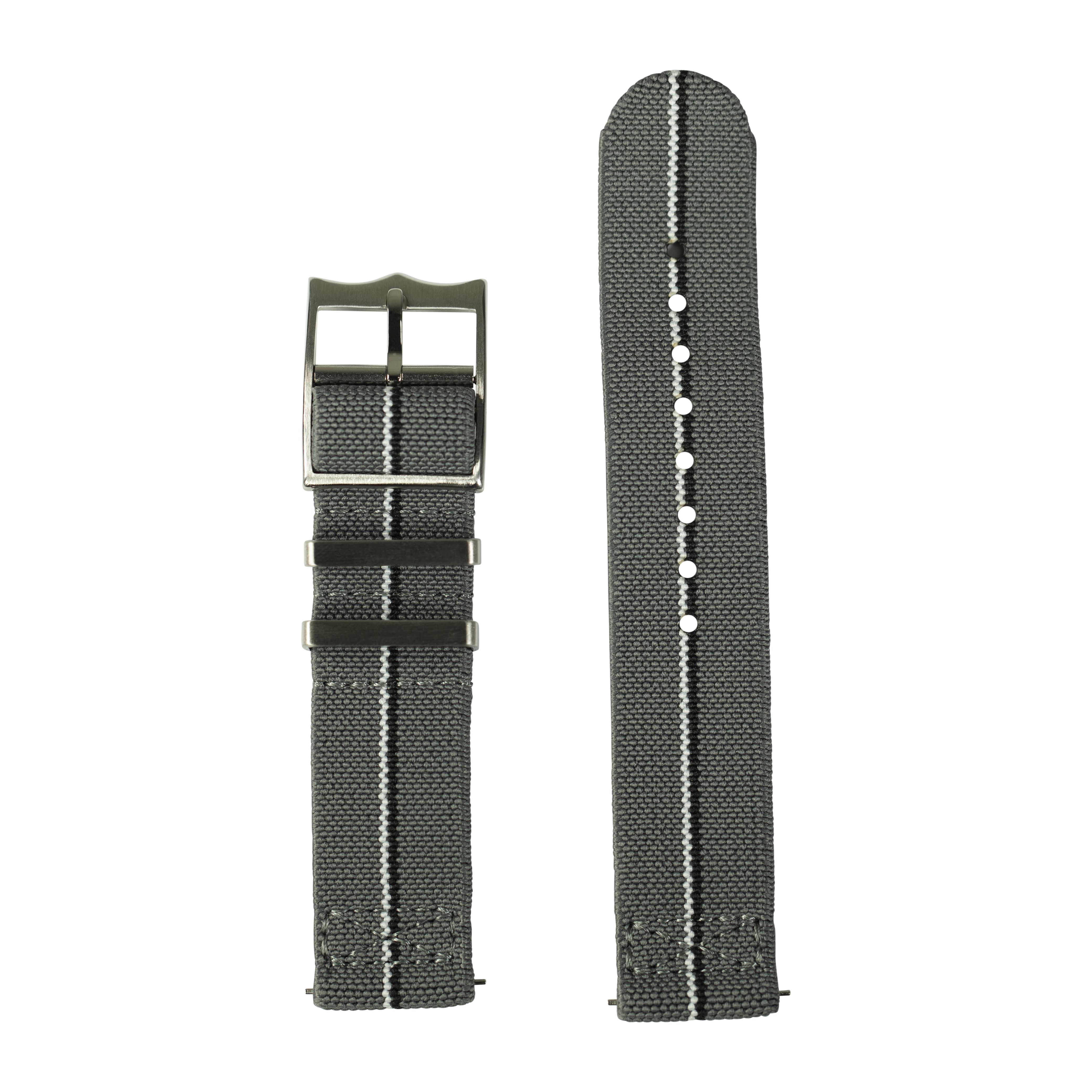 Grey fabric watch strap with white stripe and gunmetal buckle, quick-release design, 22mm width